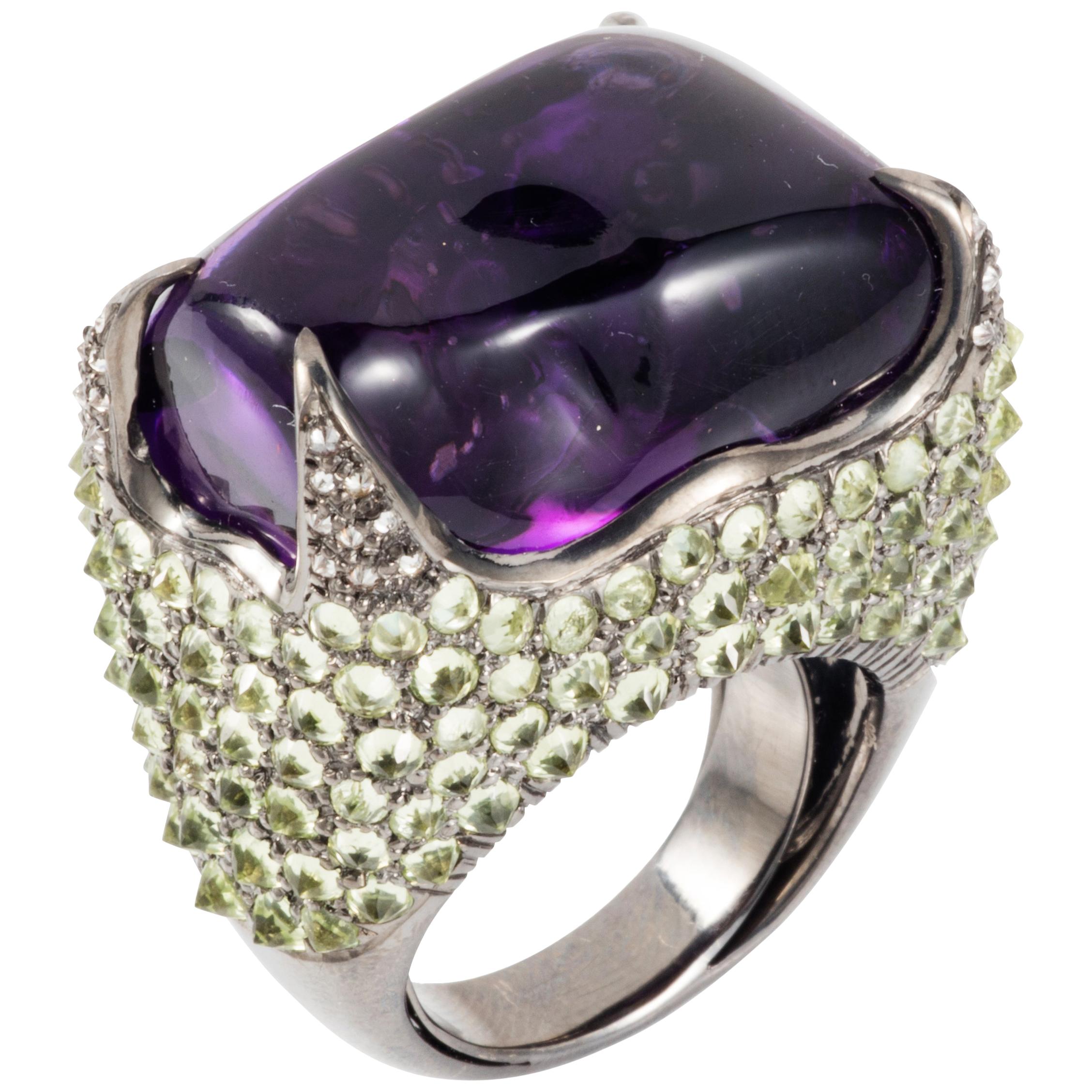 Manpriya B 62.09ct Amethyst Tumble, Peridot & Diamond Cocktail Ring  For Sale