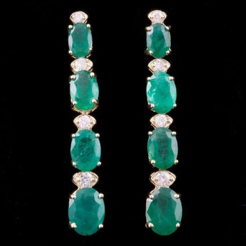 Mixed Cut 6.20Ct Natural Emerald and Diamond 14K Solid Yellow Gold Earrings For Sale