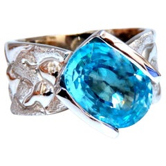 Bague en zircon bleu indigo naturel de 6,20 carats, 14 carats, style festonné