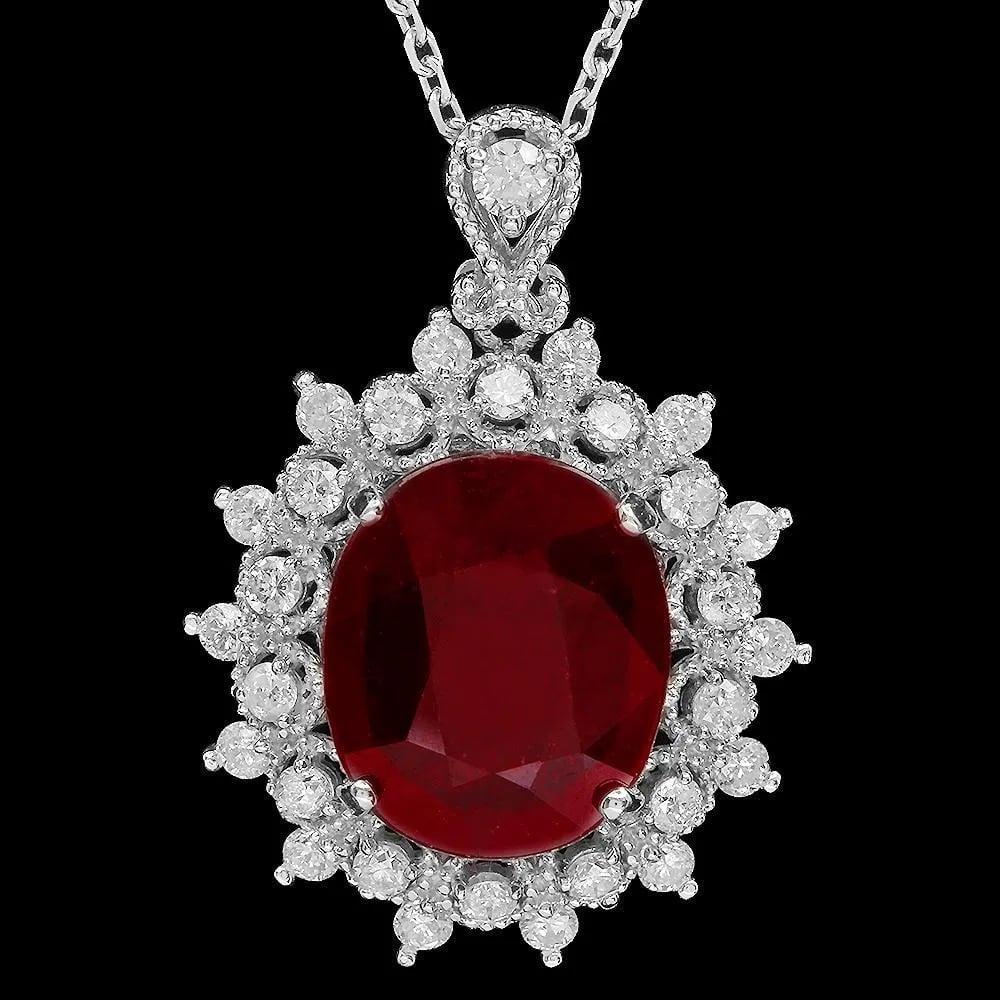 Round Cut 6.20ct Natural Red Ruby and Diamond 14K Solid White Gold Pendant For Sale