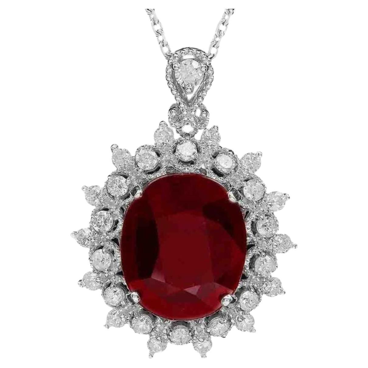 6.20ct Natural Red Ruby and Diamond 14K Solid White Gold Pendant For Sale