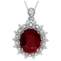 6.20ct Natural Red Ruby and Diamond 14K Solid White Gold Pendant