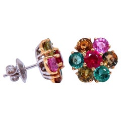 Boucles d'oreilles 6.20ct Rubis Saphir Emeraude Cluster Or 14kt