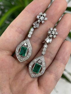 6.20tcw Art Deco Top Quality Colombian Emerald & Diamond Dangle Earrings 18K