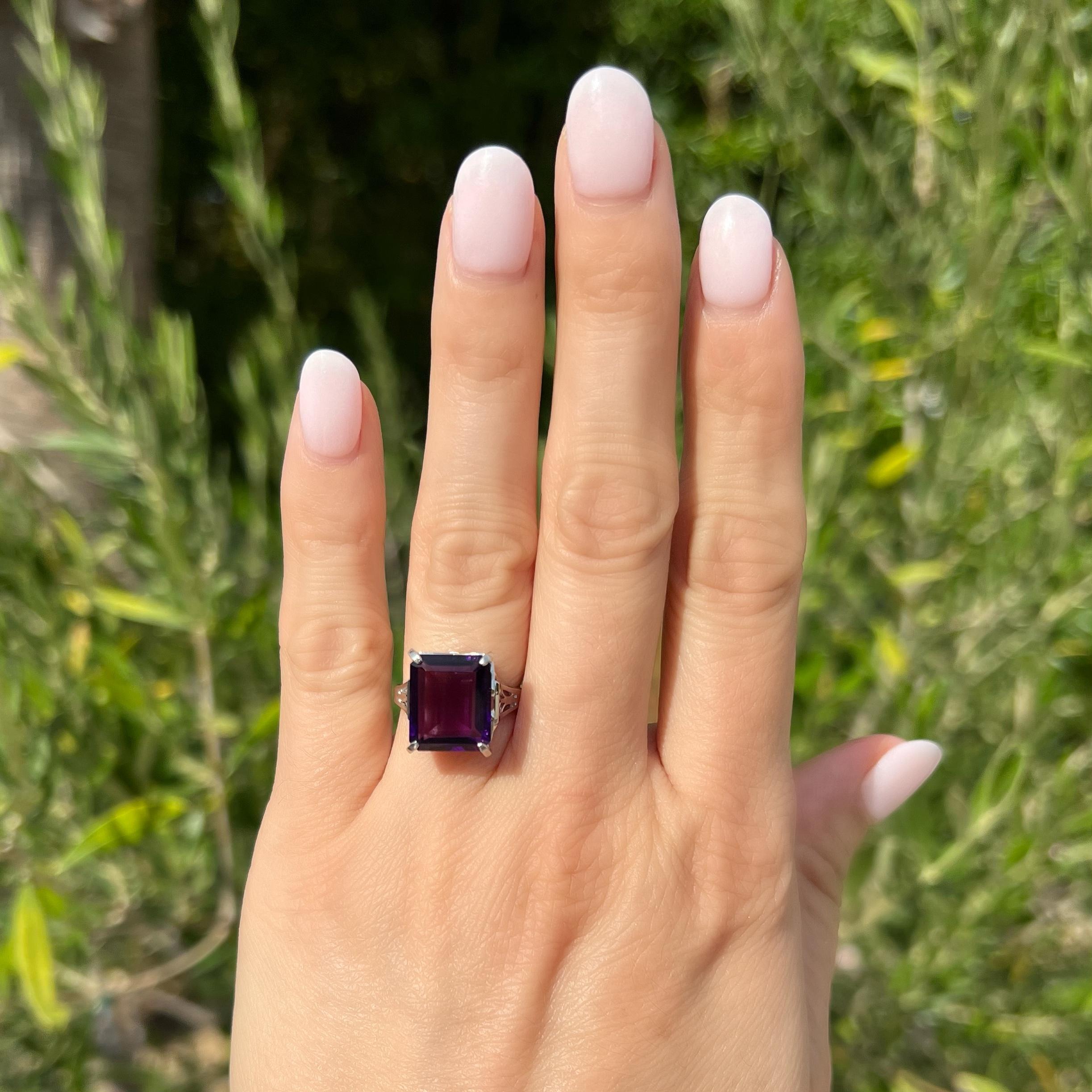 Emerald Cut 6.21 Carat Amethyst Platinum Retro Cocktail Ring For Sale