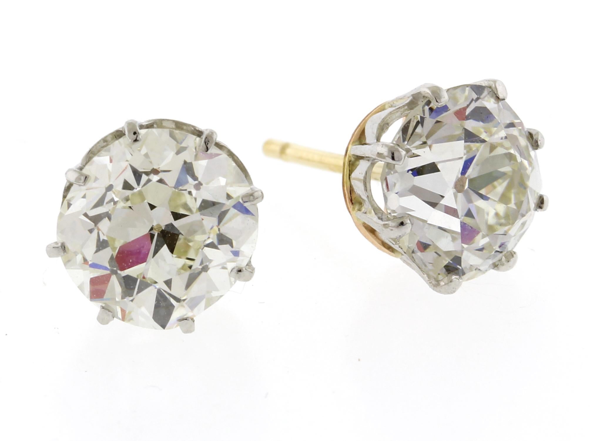 Women's or Men's 6.21 Carat Antique Old Mine Cut Diamond Stud Earrings