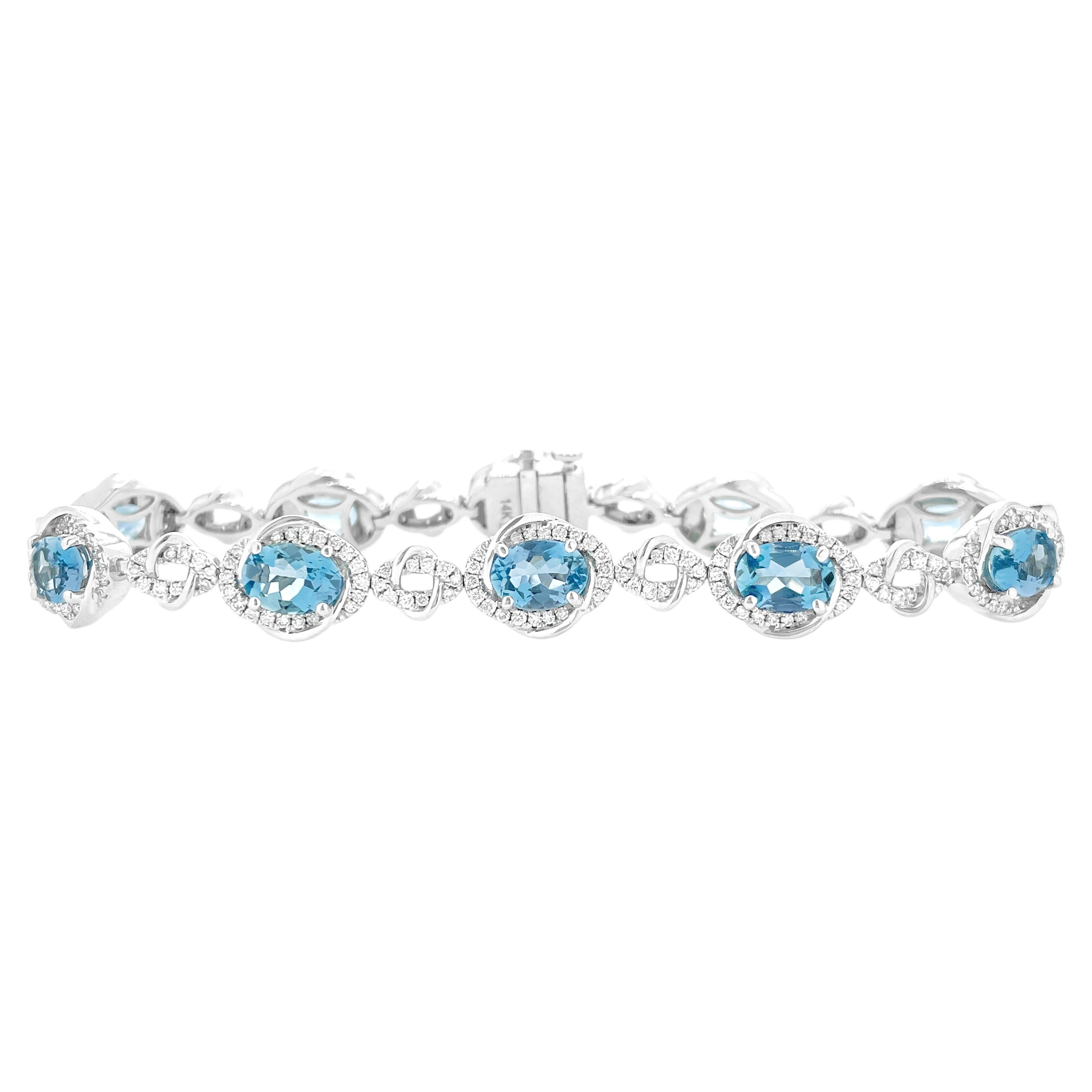 6.21 Carat Aquamarine and Diamond Estate Style Link Bracelet 14K White Gold
