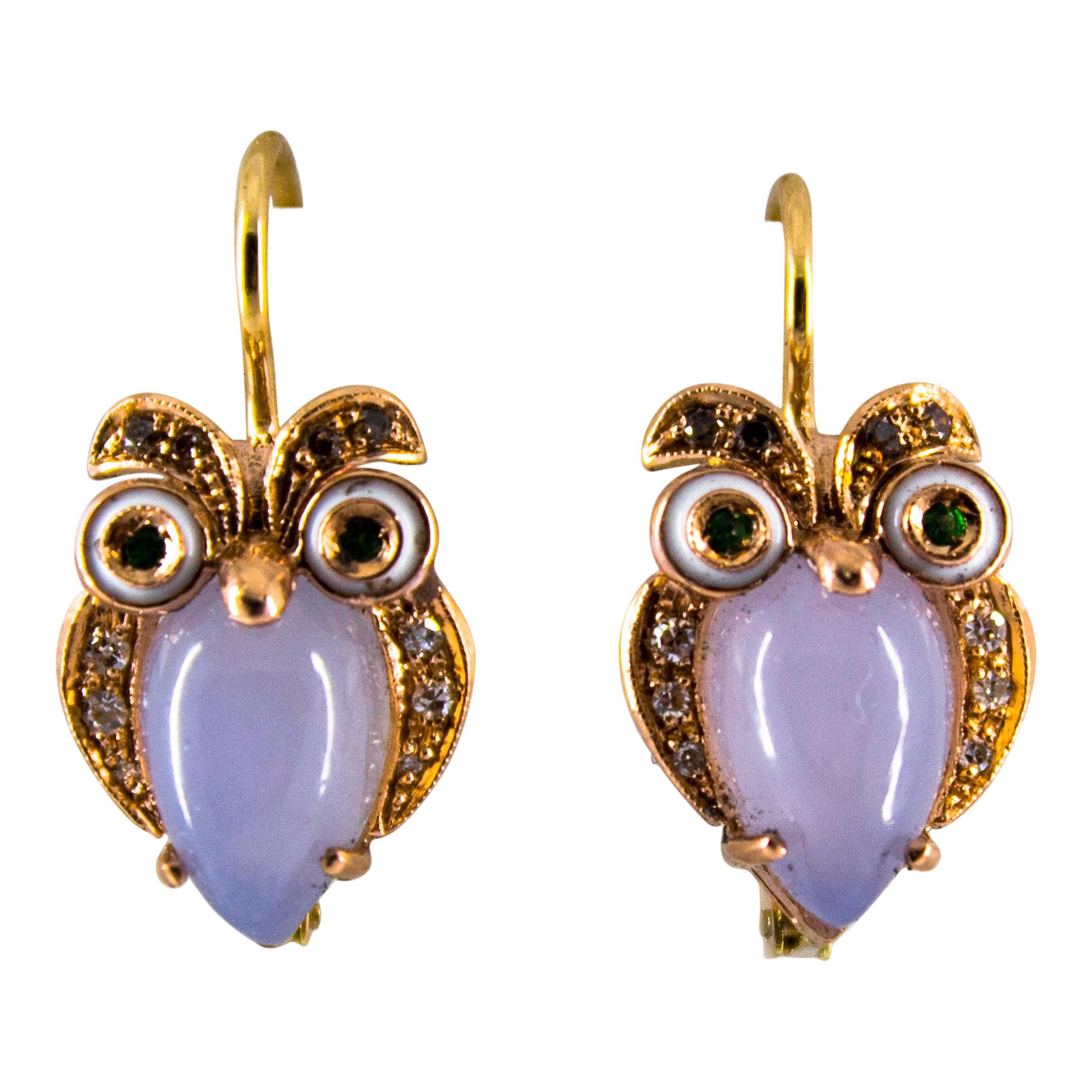 6.21 Carat Chalcedony White Brown Diamond Tsavorite Yellow Gold "Owls" Earrings