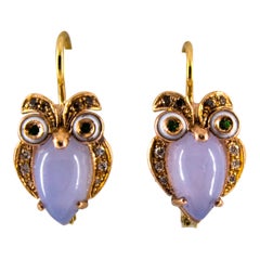 Vintage 6.21 Carat Chalcedony White Brown Diamond Tsavorite Yellow Gold "Owls" Earrings