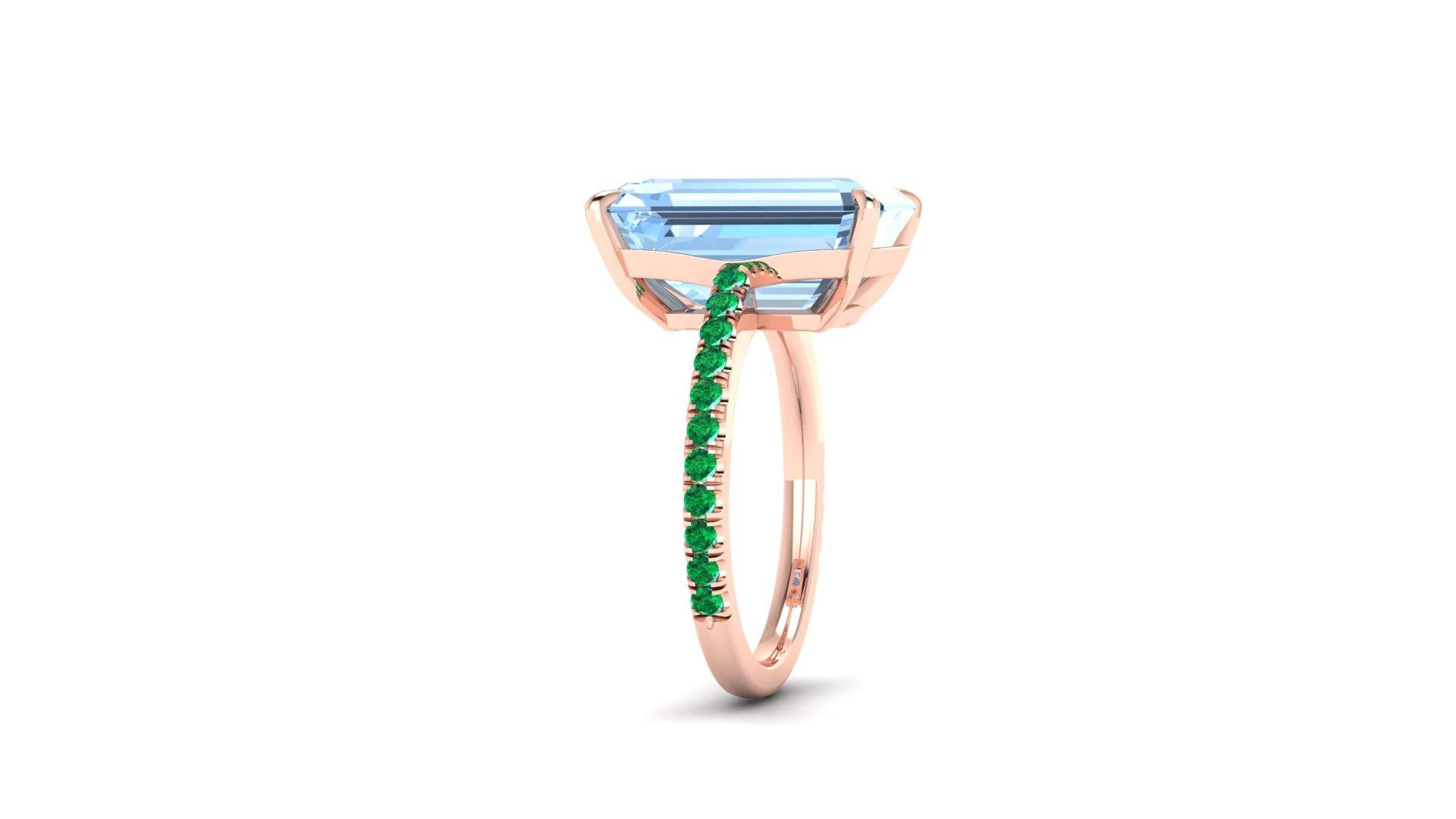 Modern 6.21 Carat Emerald Aquamarine Pave Emeralds 18 Karat Rose Gold Cocktail Ring