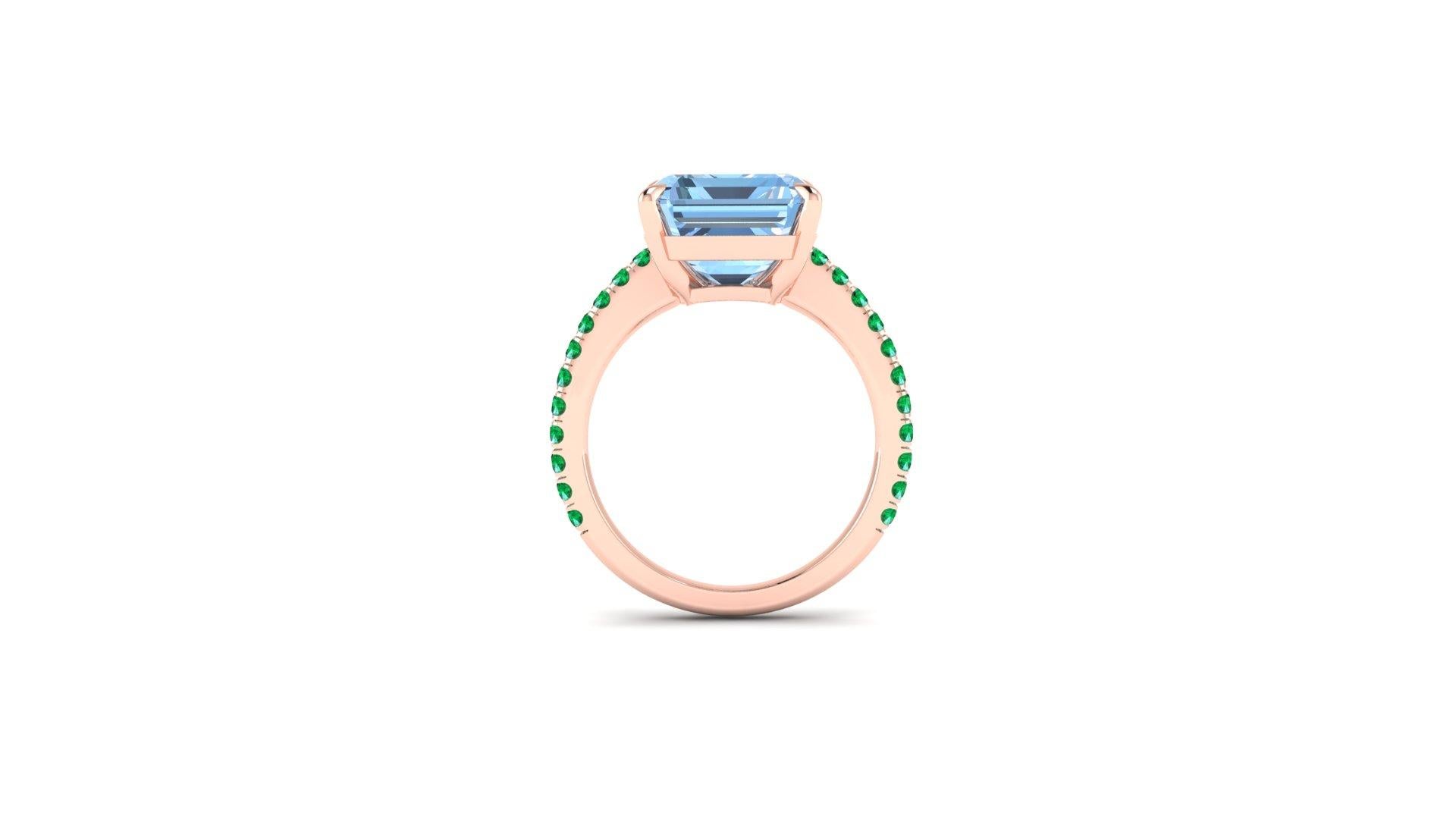 Emerald Cut 6.21 Carat Emerald Aquamarine Pave Emeralds 18 Karat Rose Gold Cocktail Ring