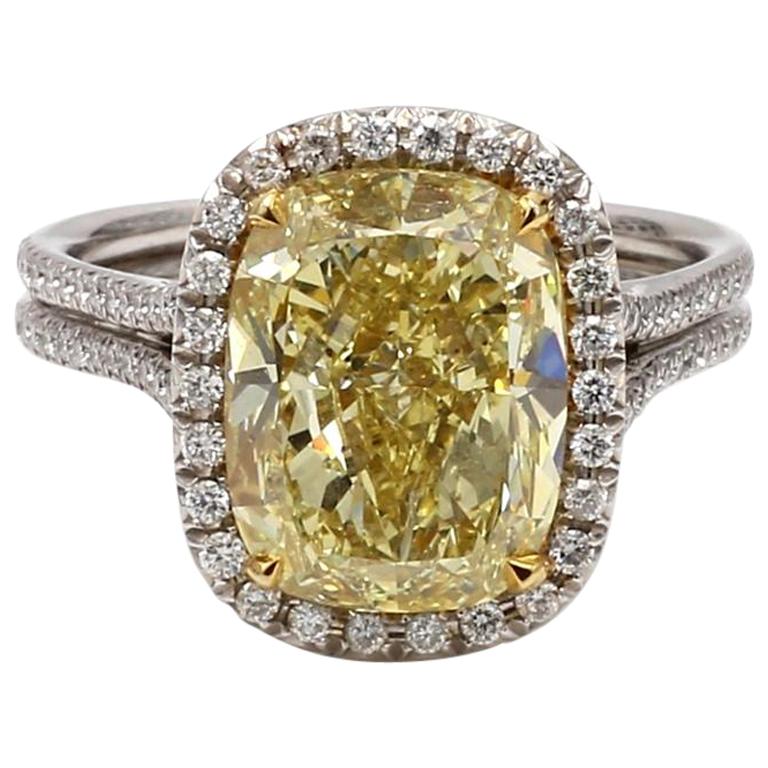 6.21 Carat Fancy Intense Yellow, Cushion Cut Diamond Ring, GIA Certified