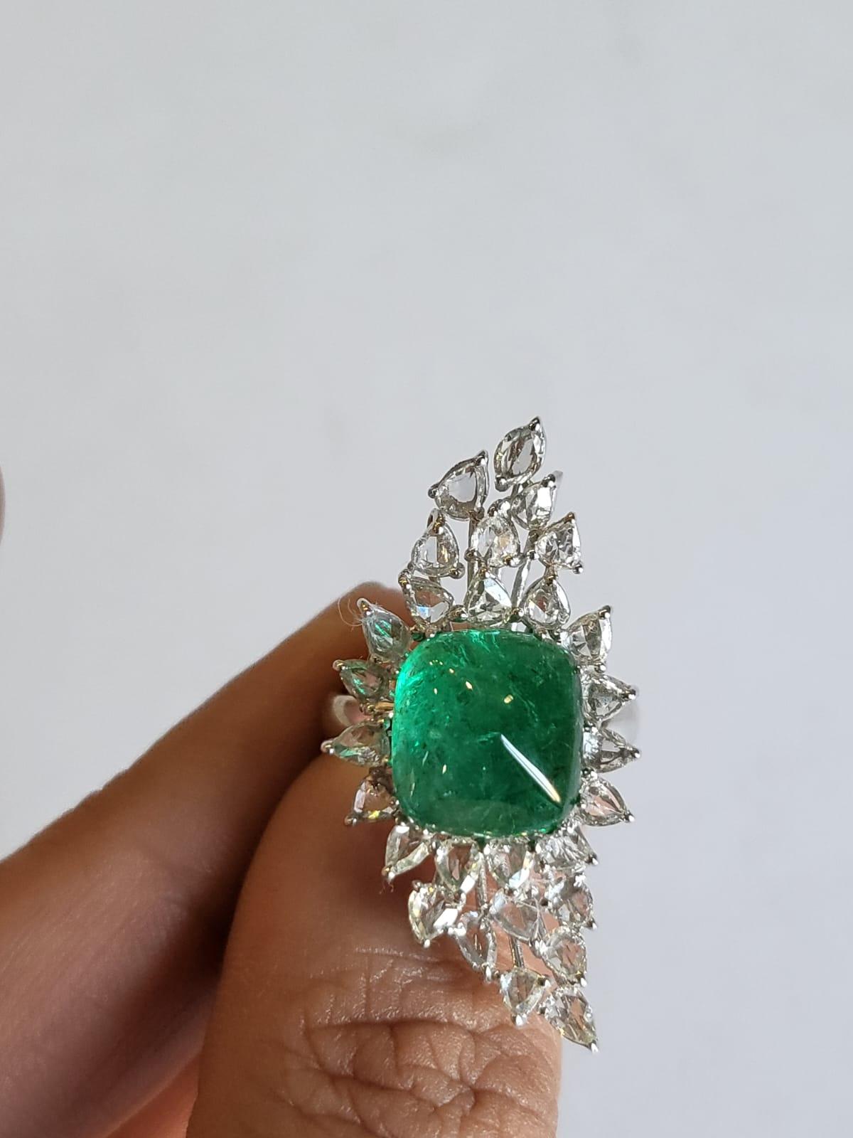 6.21 Carats Natural Zambian Emerald Sugarloaf & Rose Cut Diamond Engagement Ring In New Condition For Sale In Hong Kong, HK