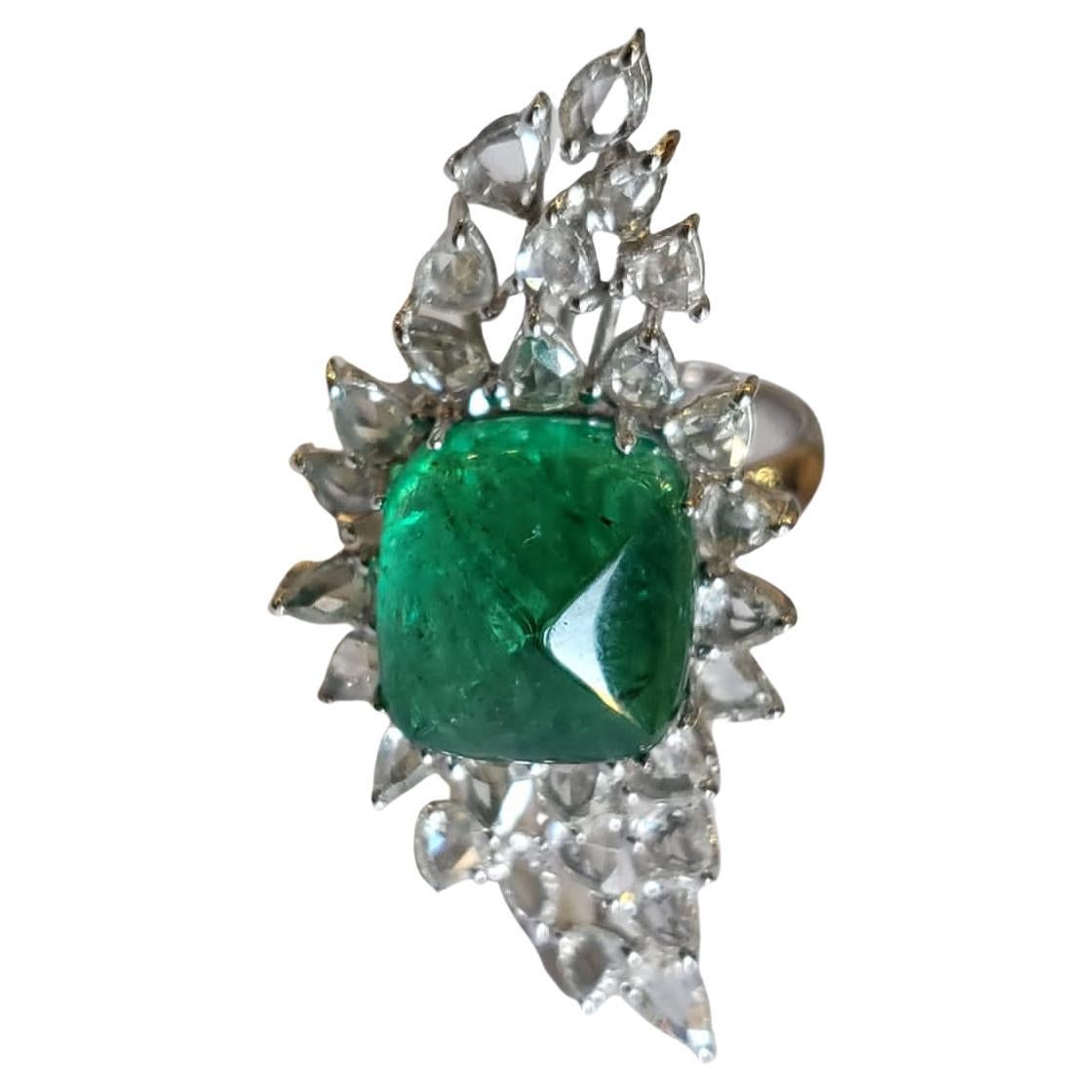 6.21 Carats Natural Zambian Emerald Sugarloaf & Rose Cut Diamond Engagement Ring
