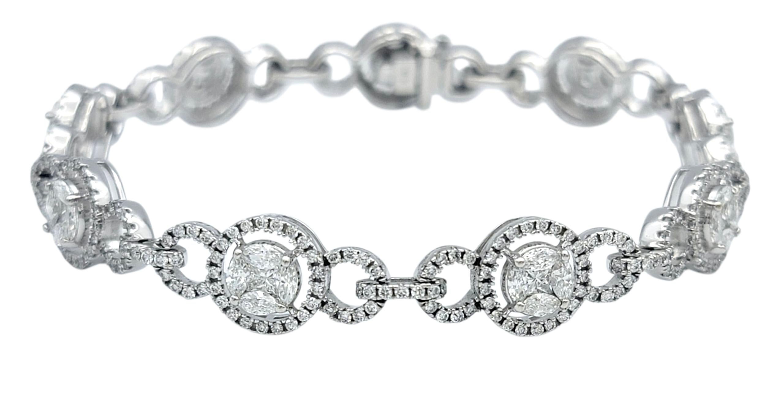 This exquisite diamond bracelet embodies pure sophistication and timeless brilliance. Each link is adorned with a graceful combination of round, princess, and marquise-cut diamonds, forming a continuous stream of radiance that dances with every