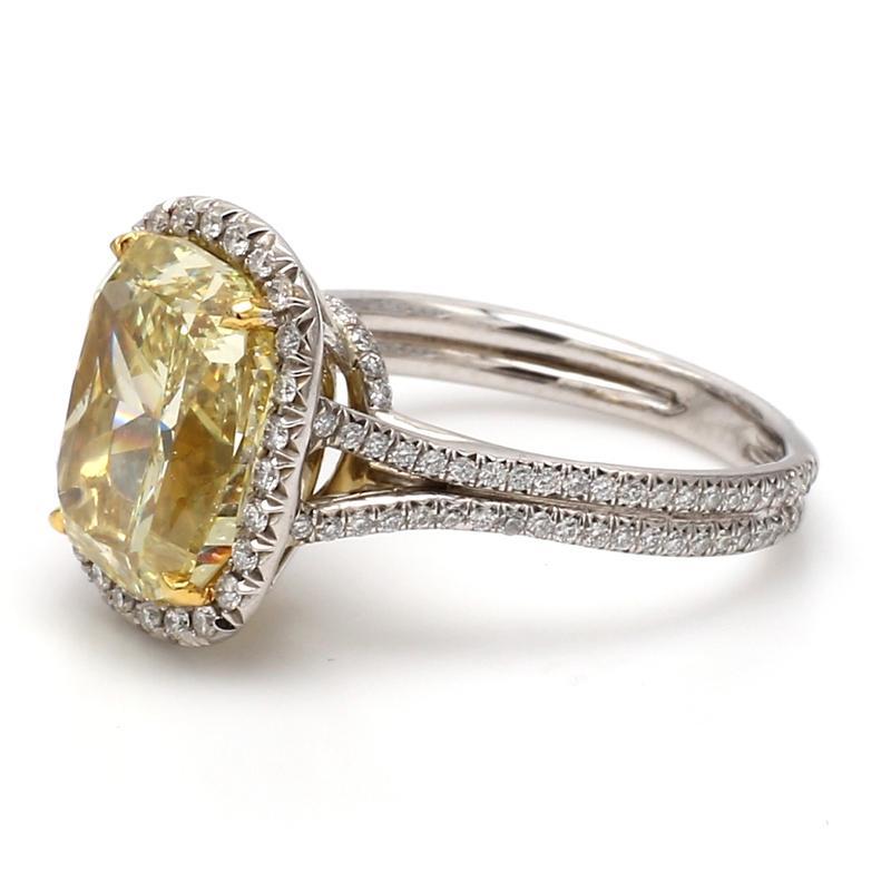 6.21 Carat Fancy Intense Yellow, Cushion Cut Diamond Ring, GIA Certified In Excellent Condition In Scottsdale, AZ