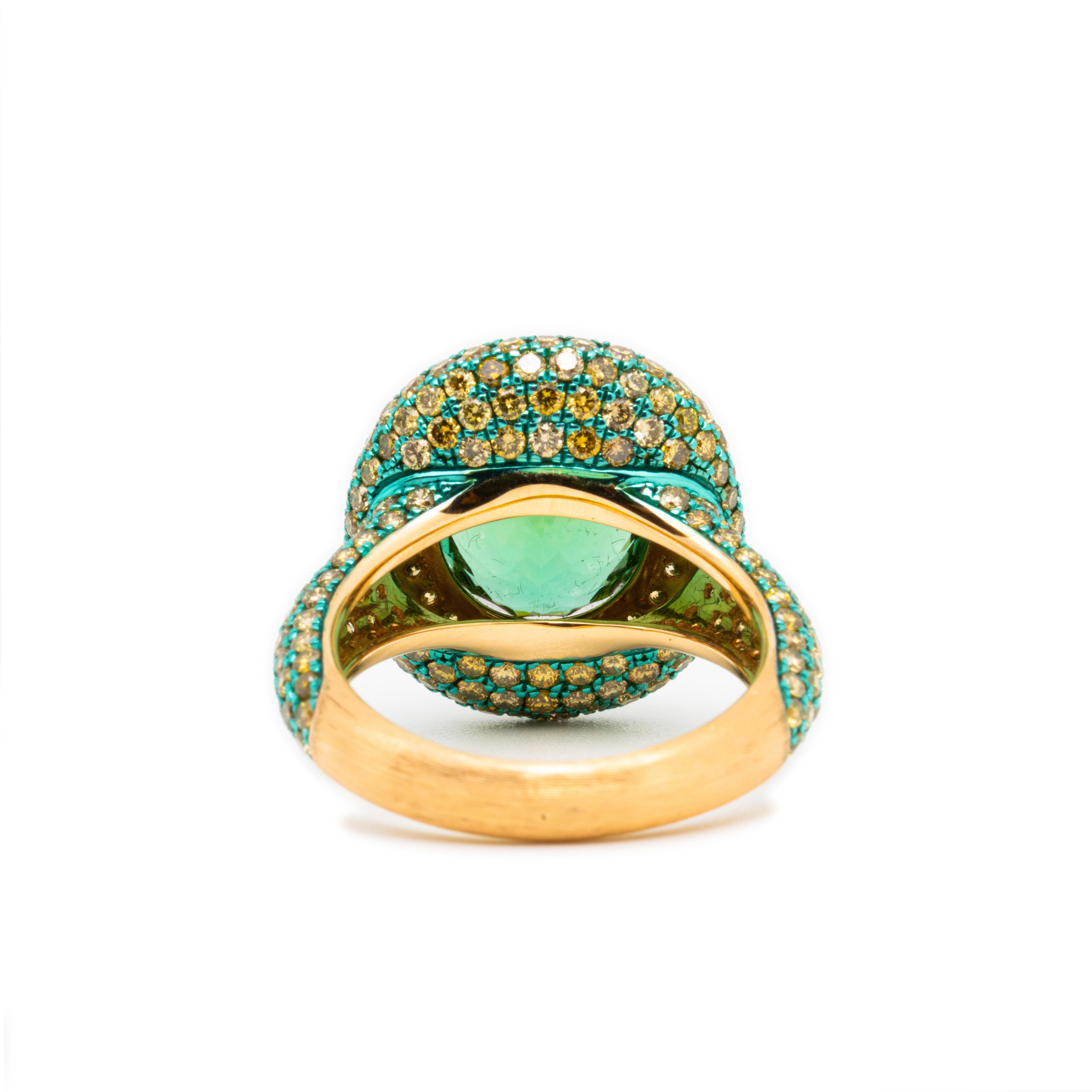 Mixed Cut 6.22 carat Mint Green Tourmaline & Diamond Ring, 18K Yellow Gold, Austy Lee For Sale