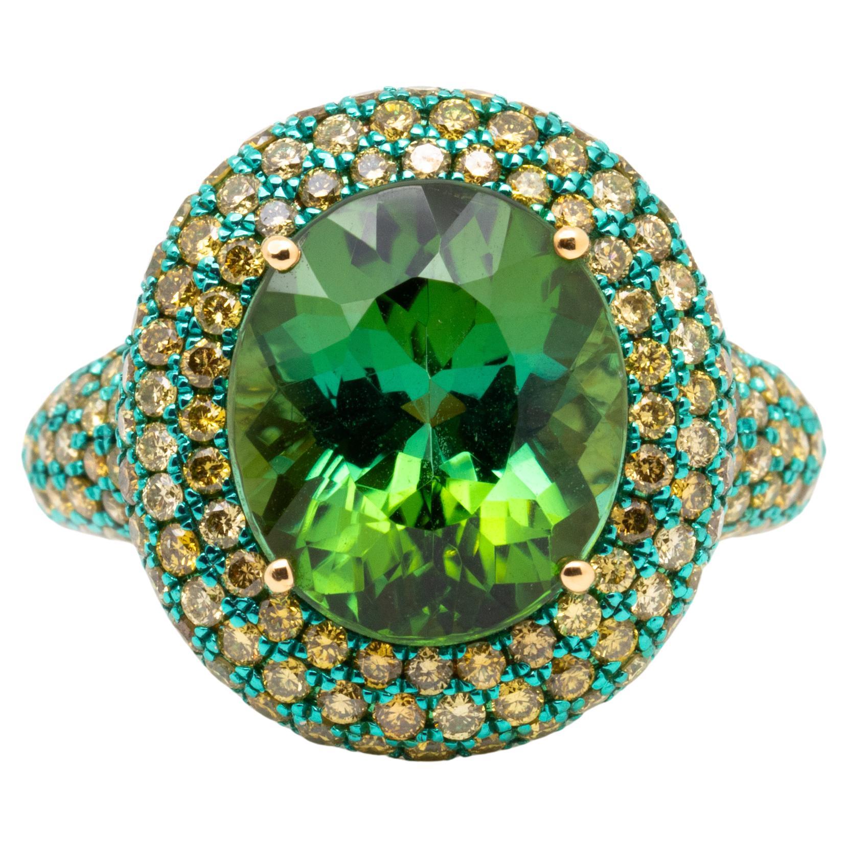 Anillo de turmalina verde menta y diamantes de 6,22 quilates, oro amarillo de 18 quilates, Austy Lee