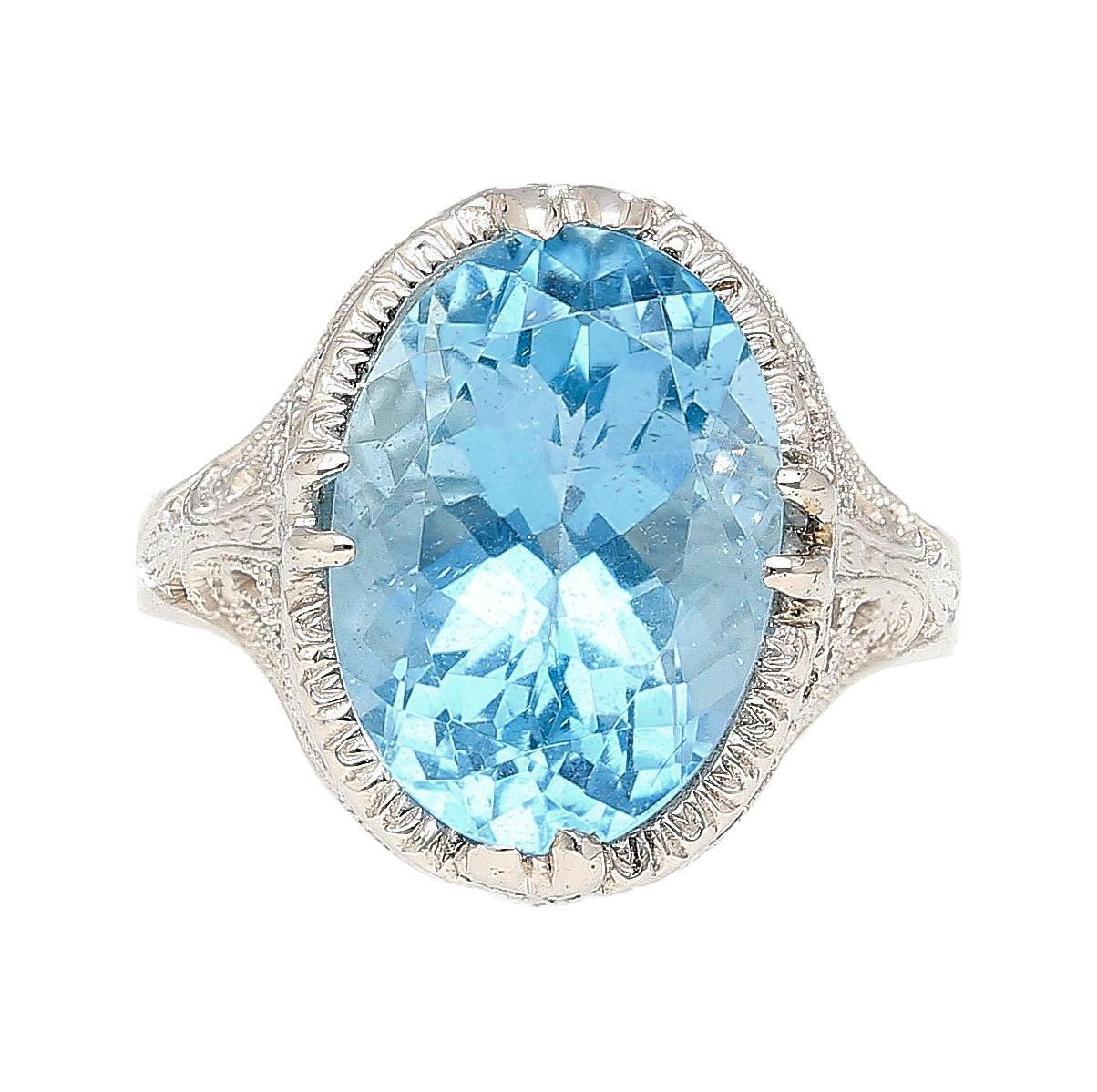 6.22 Carat Oval Aquamarine in Engraved 14K White Gold Edwardian Filigree Ring For Sale 1