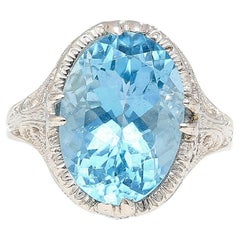 Vintage 6.22 Carat Oval Aquamarine in Engraved 14K White Gold Edwardian Filigree Ring