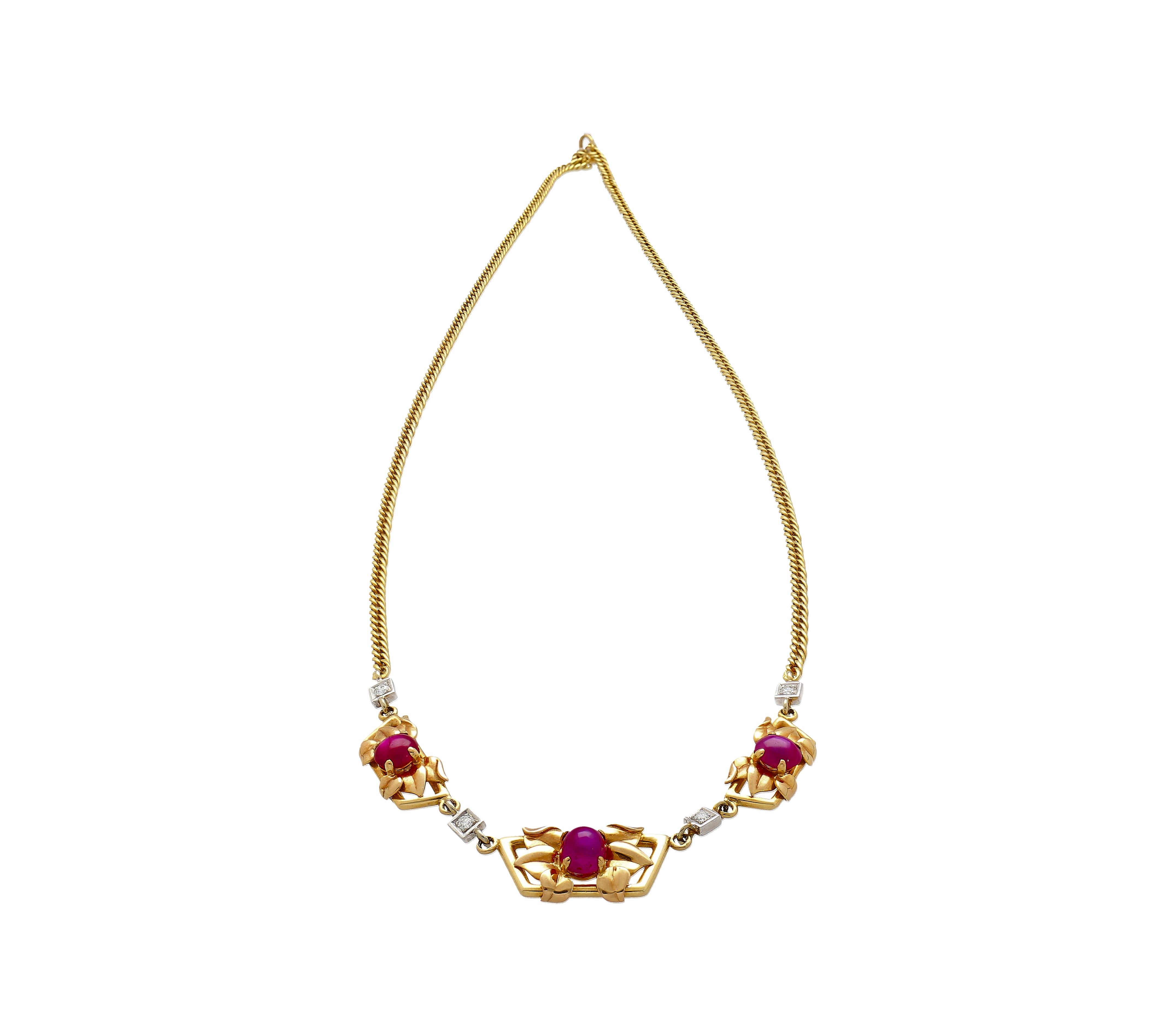Cabochon 6.22 Carat Star-Ruby with Gold Detailing & Diamonds in 14K Gold Charm Necklace For Sale