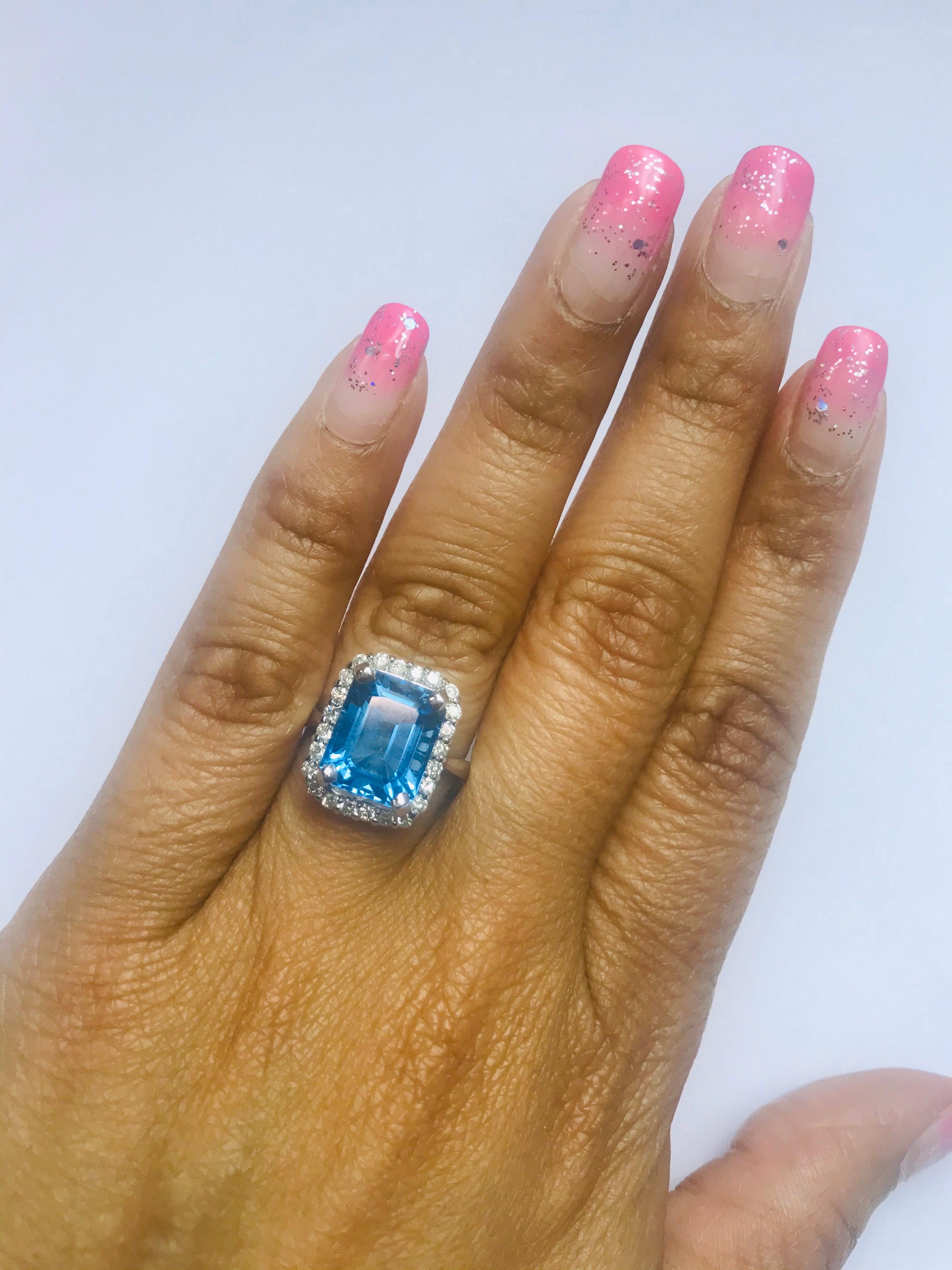 Emerald Cut 6.22 Carat White Gold Blue Topaz Diamond Cocktail Ring