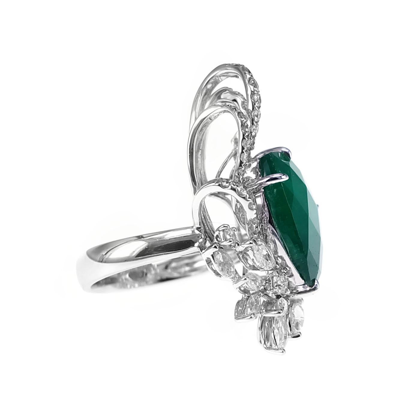 Art Nouveau 6.22 Carat Colombian Special Cut Emerald and 1.70 Carat White Diamond Ring