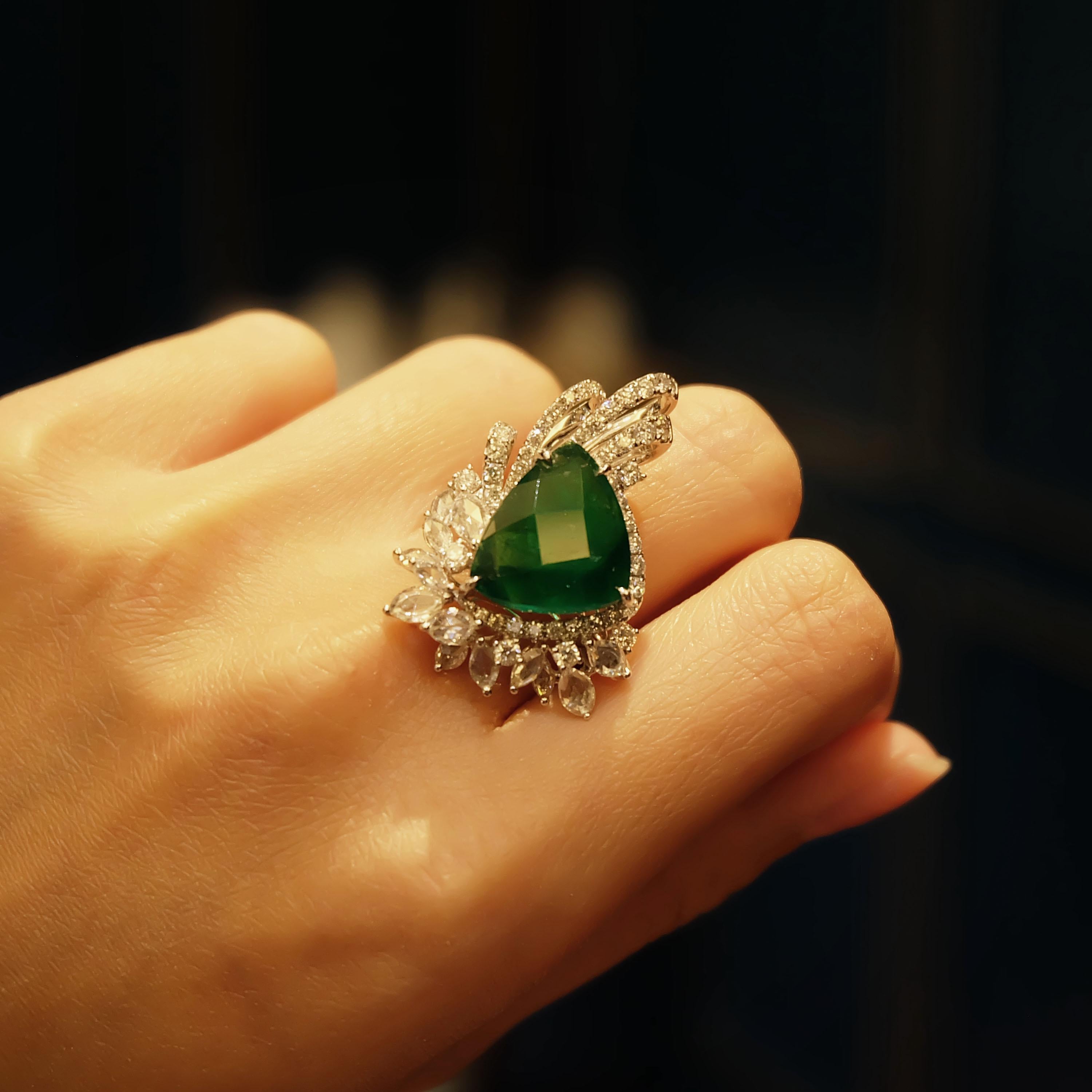 Women's 6.22 Carat Colombian Special Cut Emerald and 1.70 Carat White Diamond Ring