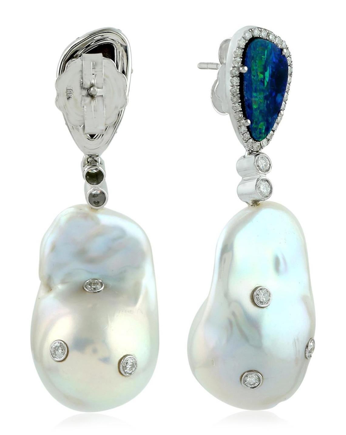 Modern 62.2 Carat Pearl Opal 14 Karat Gold Diamond Earrings For Sale