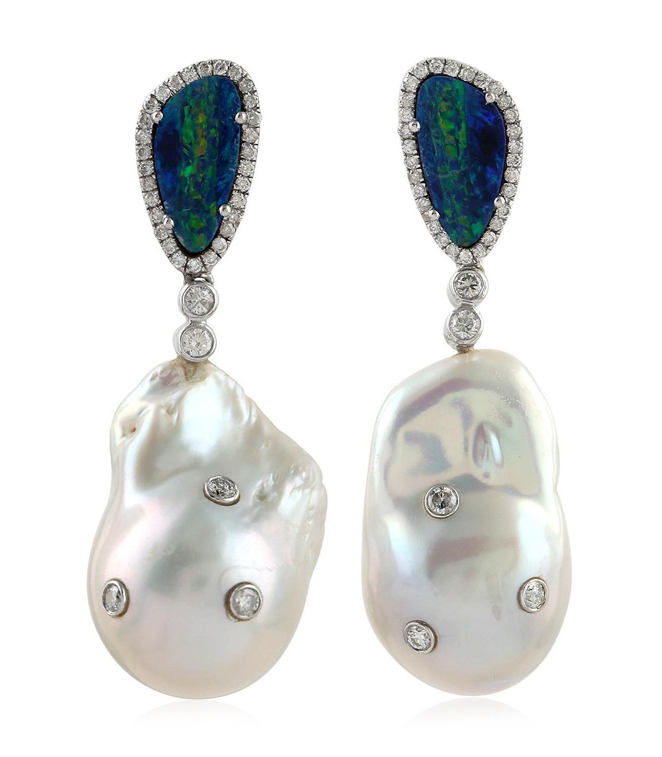 Mixed Cut 62.2 Carat Pearl Opal 14 Karat Gold Diamond Earrings For Sale