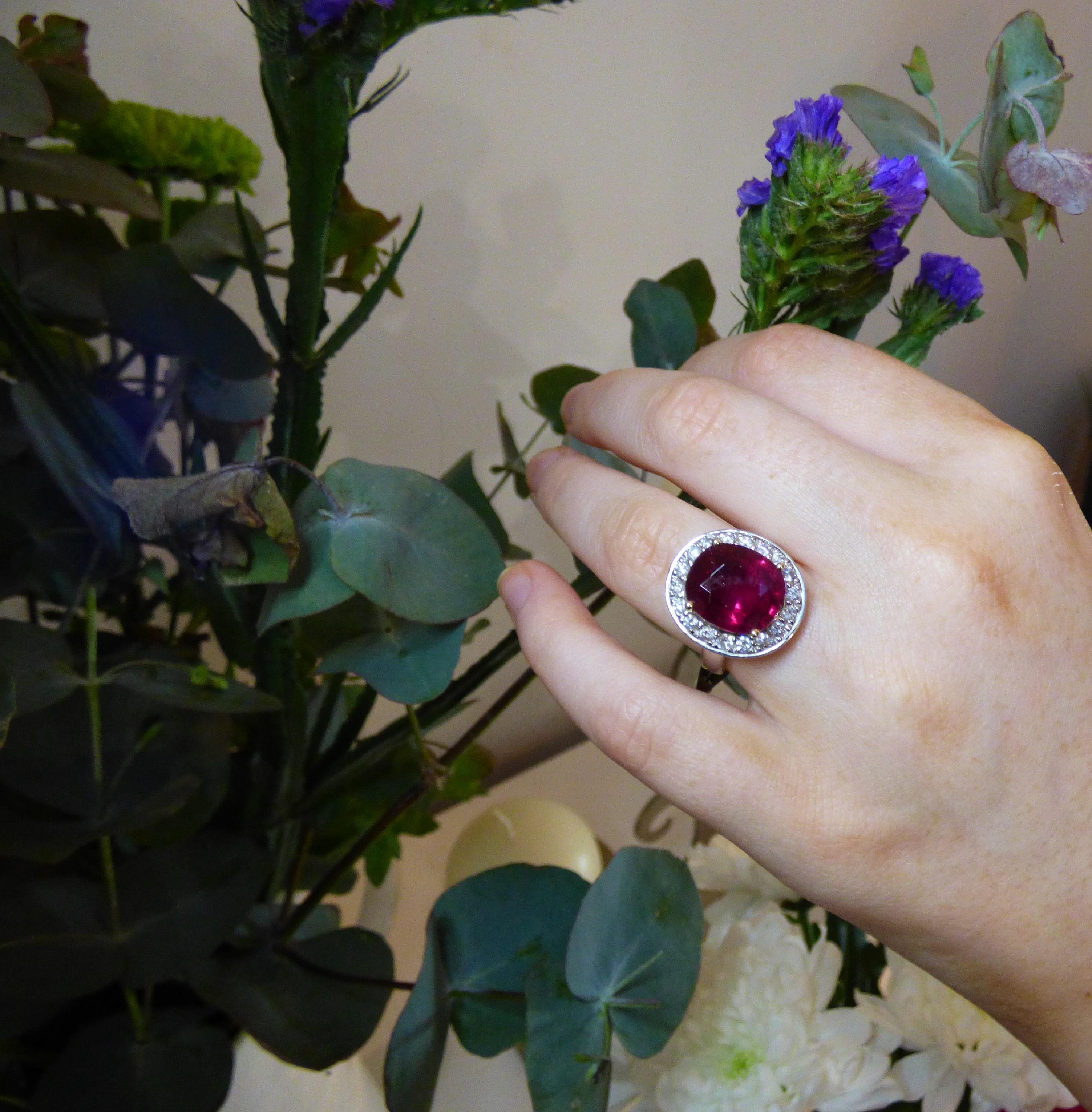 6.22ct Rubellite and Diamond Cluster Ring For Sale 4