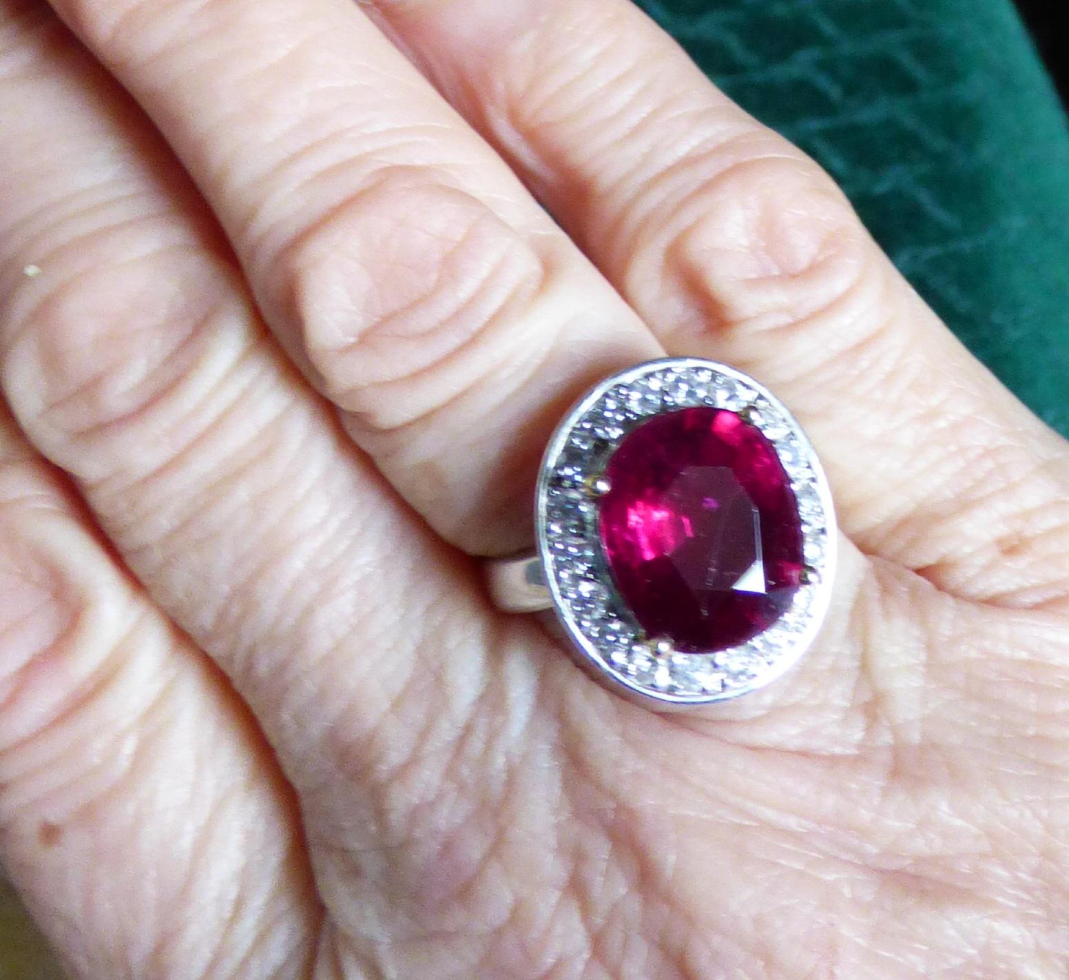 Oval Cut 6.22ct Rubellite and Diamond Cluster Ring For Sale