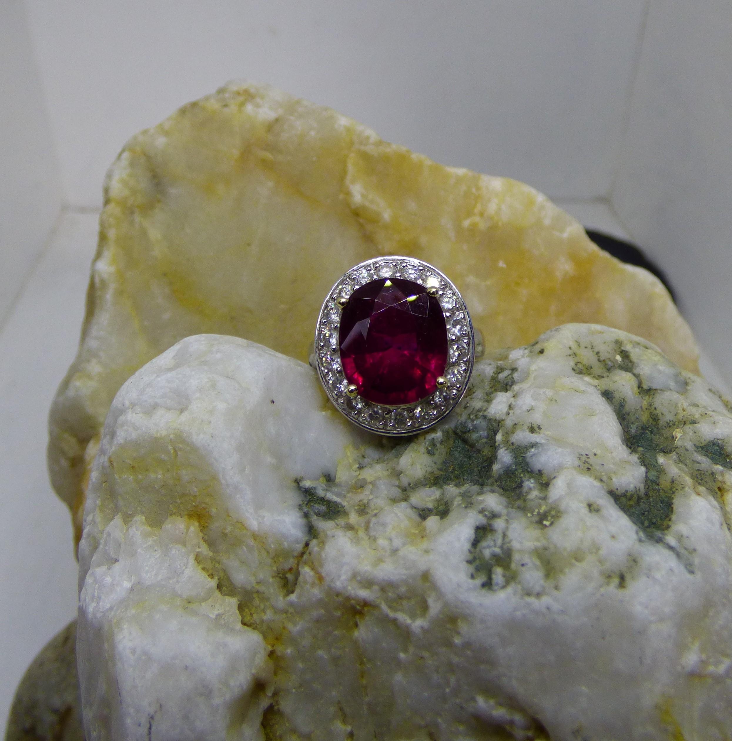 6.22ct Rubellite and Diamond Cluster Ring For Sale 3