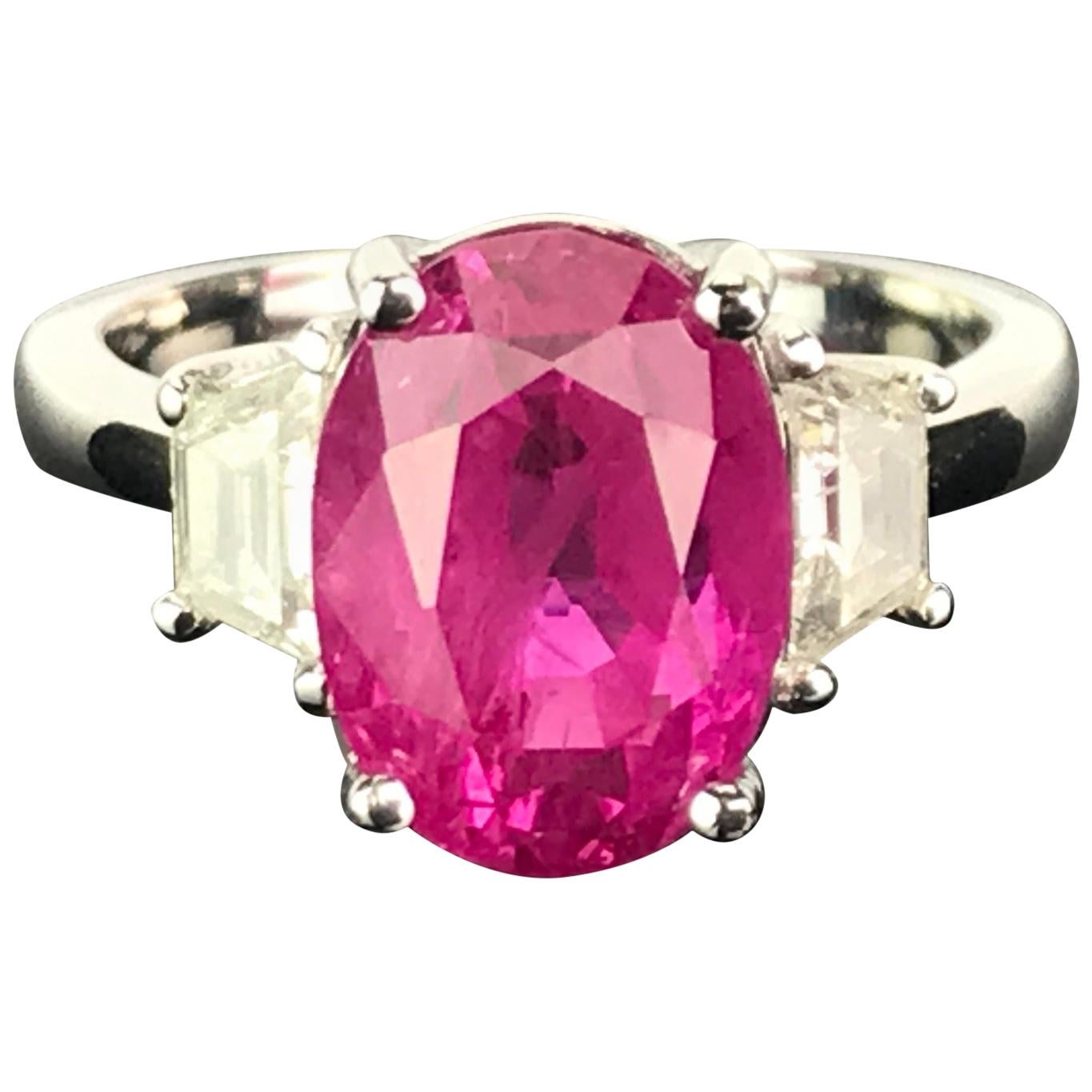 6.23 Carat Burmese Ruby and Diamond Three-Stone Engagement Ring