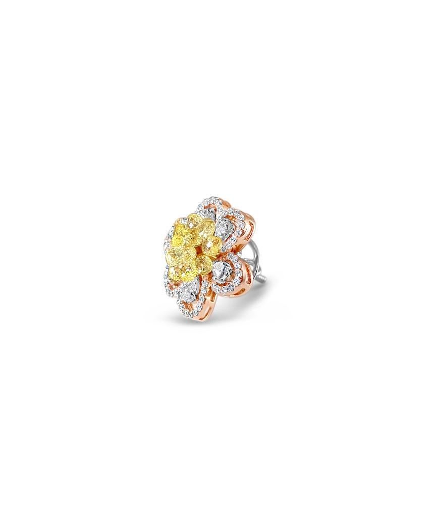 Briolette Cut 6.23 Carat Fancy Yellow Diamond Briolette and Round Diamond Earring, 18K Rose Gd