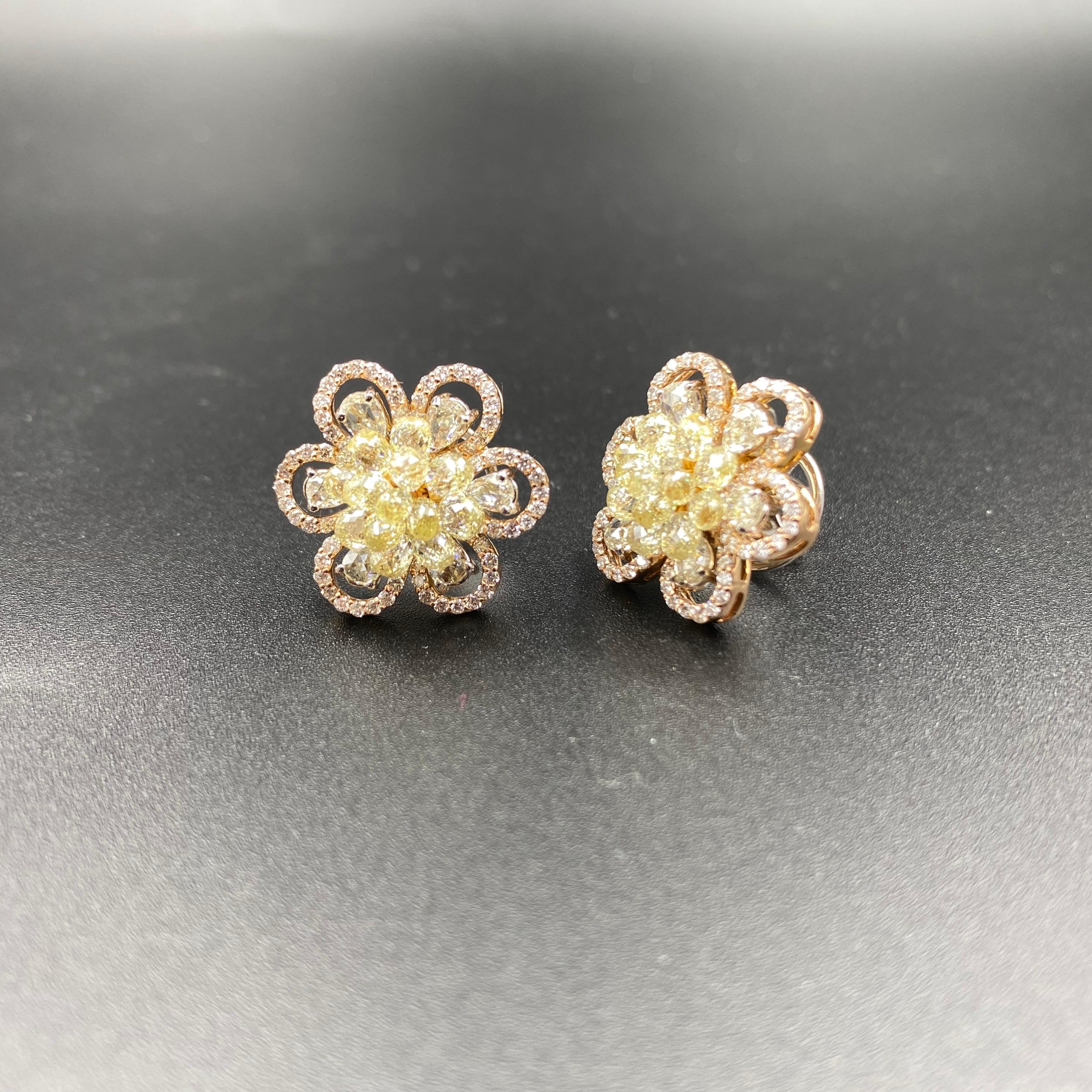 6.23 Carat Fancy Yellow Diamond Briolette and Round Diamond Earring, 18K Rose Gd In New Condition In New York, NY