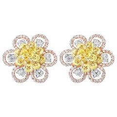 6.23 Carat Fancy Yellow Diamond Briolette and Round Diamond Earring, 18K Rose Gd