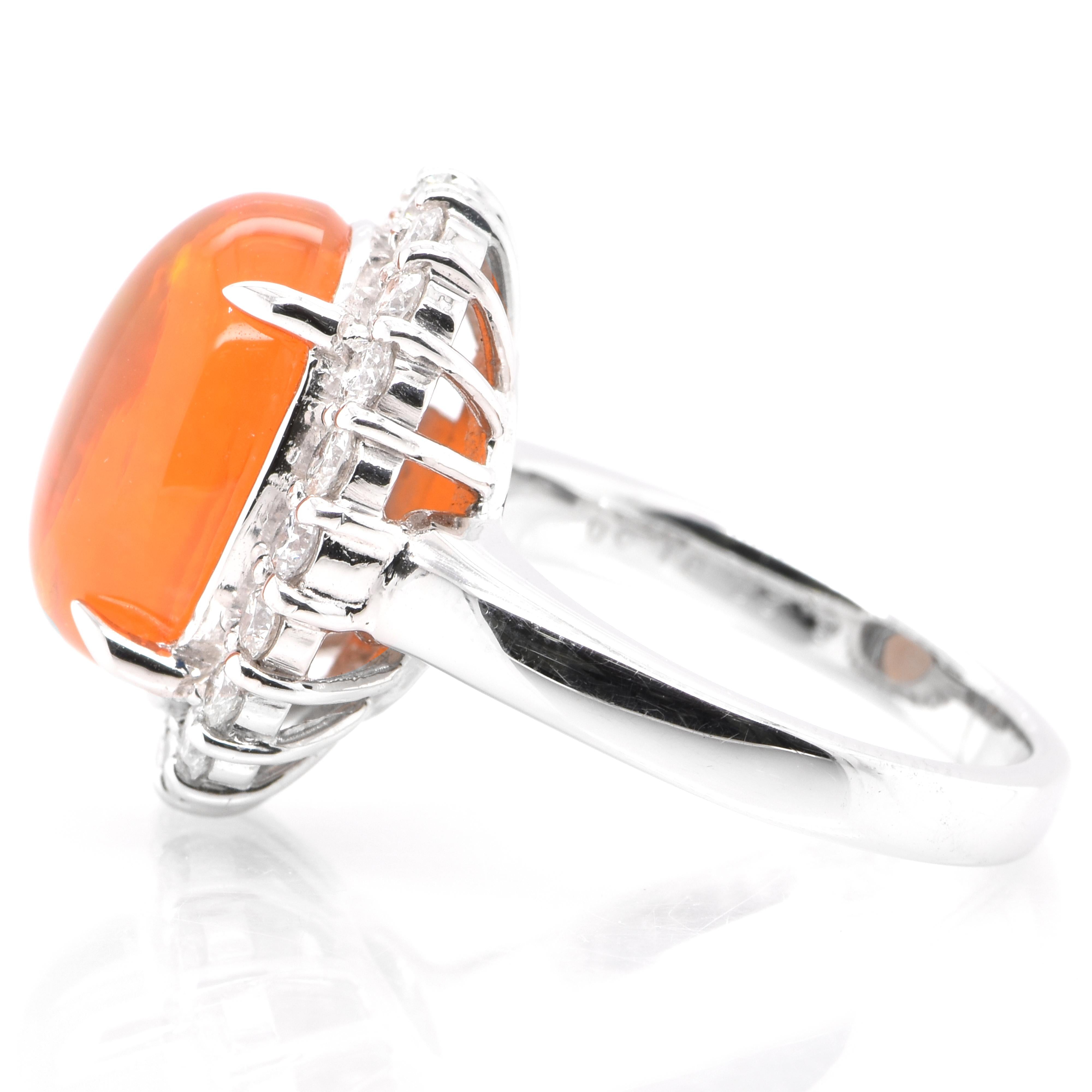 Modern 6.23 Carat Natural Mexican Fire Opal and Diamond Halo Ring Set in Platinum For Sale