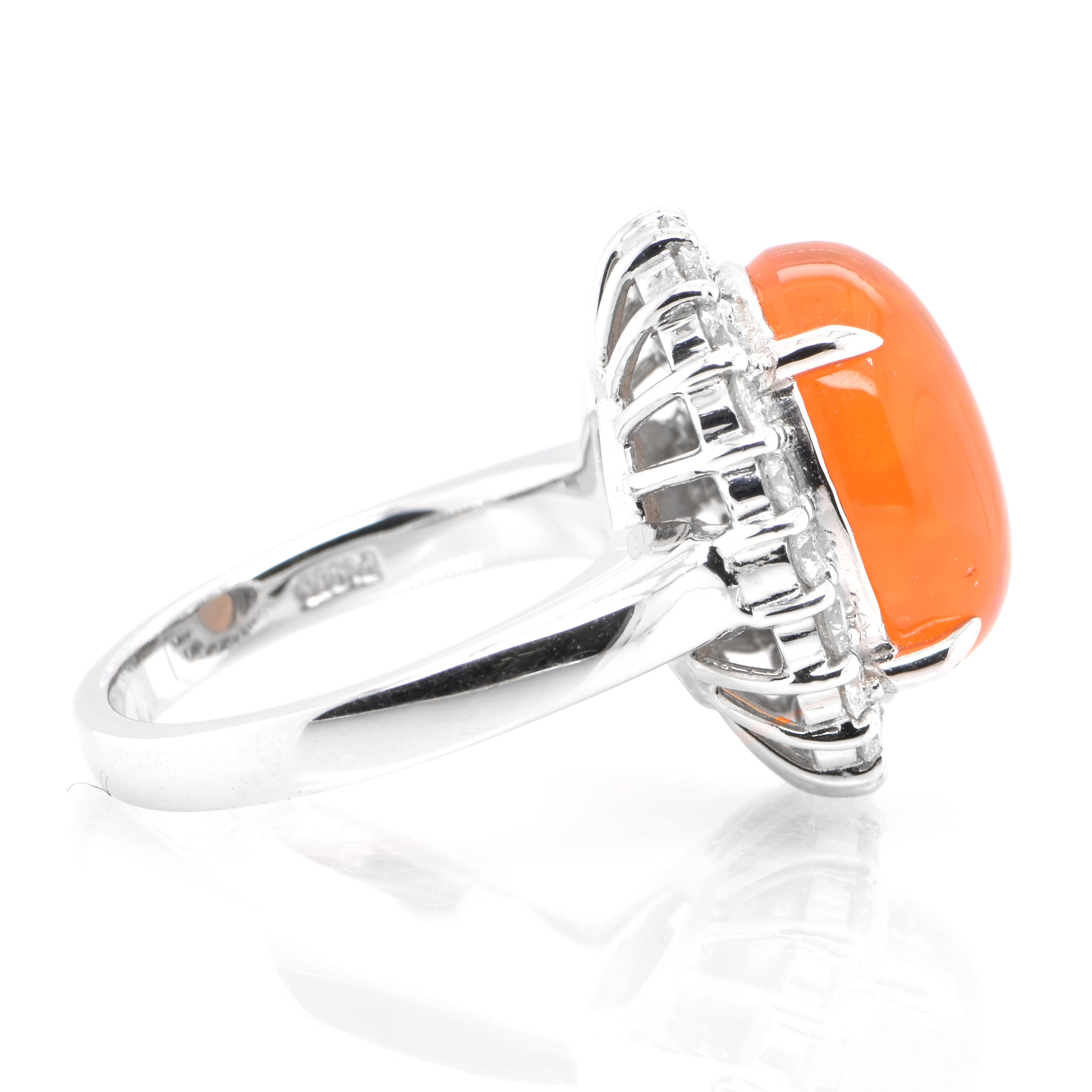 Cabochon 6.23 Carat Natural Mexican Fire Opal and Diamond Halo Ring Set in Platinum For Sale