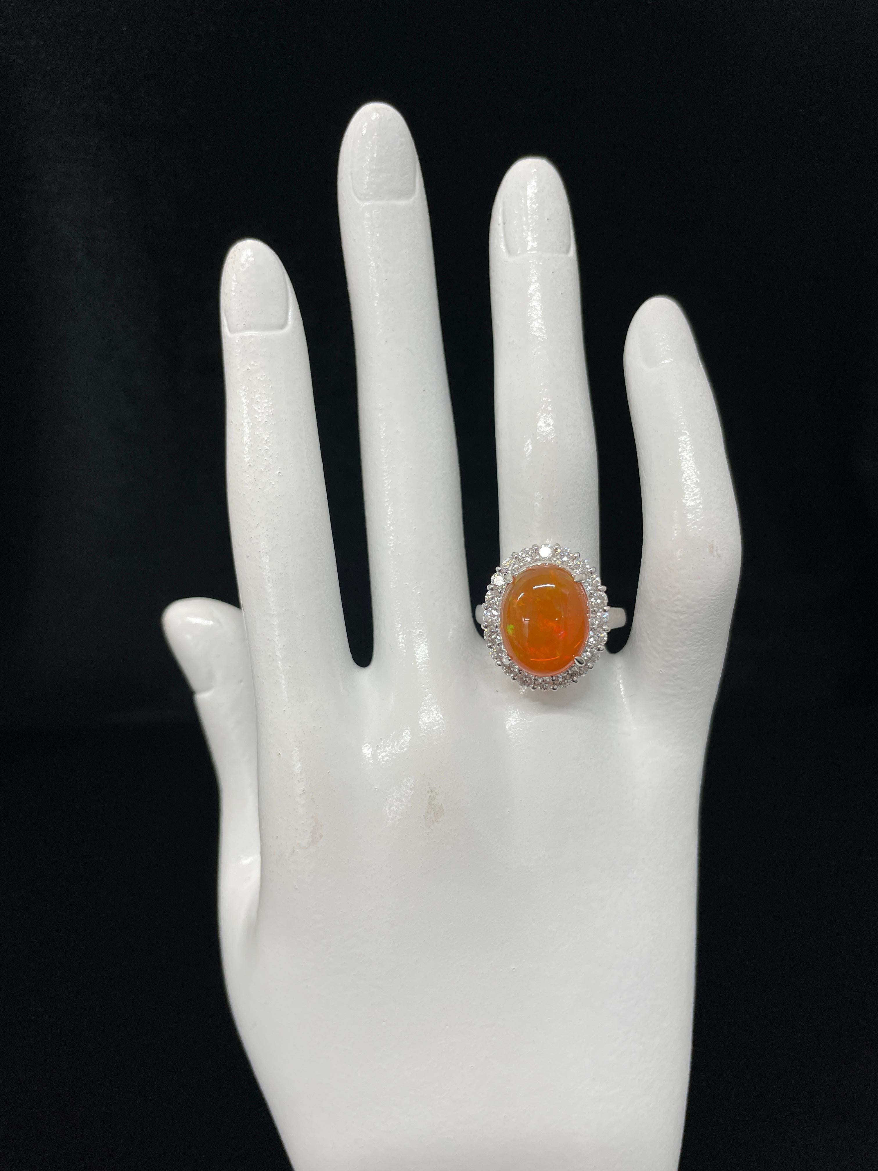 Women's or Men's 6.23 Carat Natural Mexican Fire Opal and Diamond Halo Ring Set in Platinum For Sale