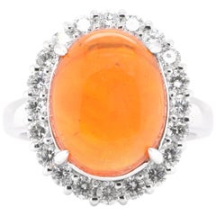 Anello con opale di fuoco messicano naturale da 6,23 carati e diamante a raggiera in platino
