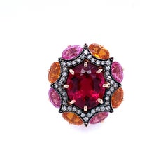 6.23 Carat Rubellite Tourmaline Diamond, Orange Pink Sapphire Gold Cocktail Ring