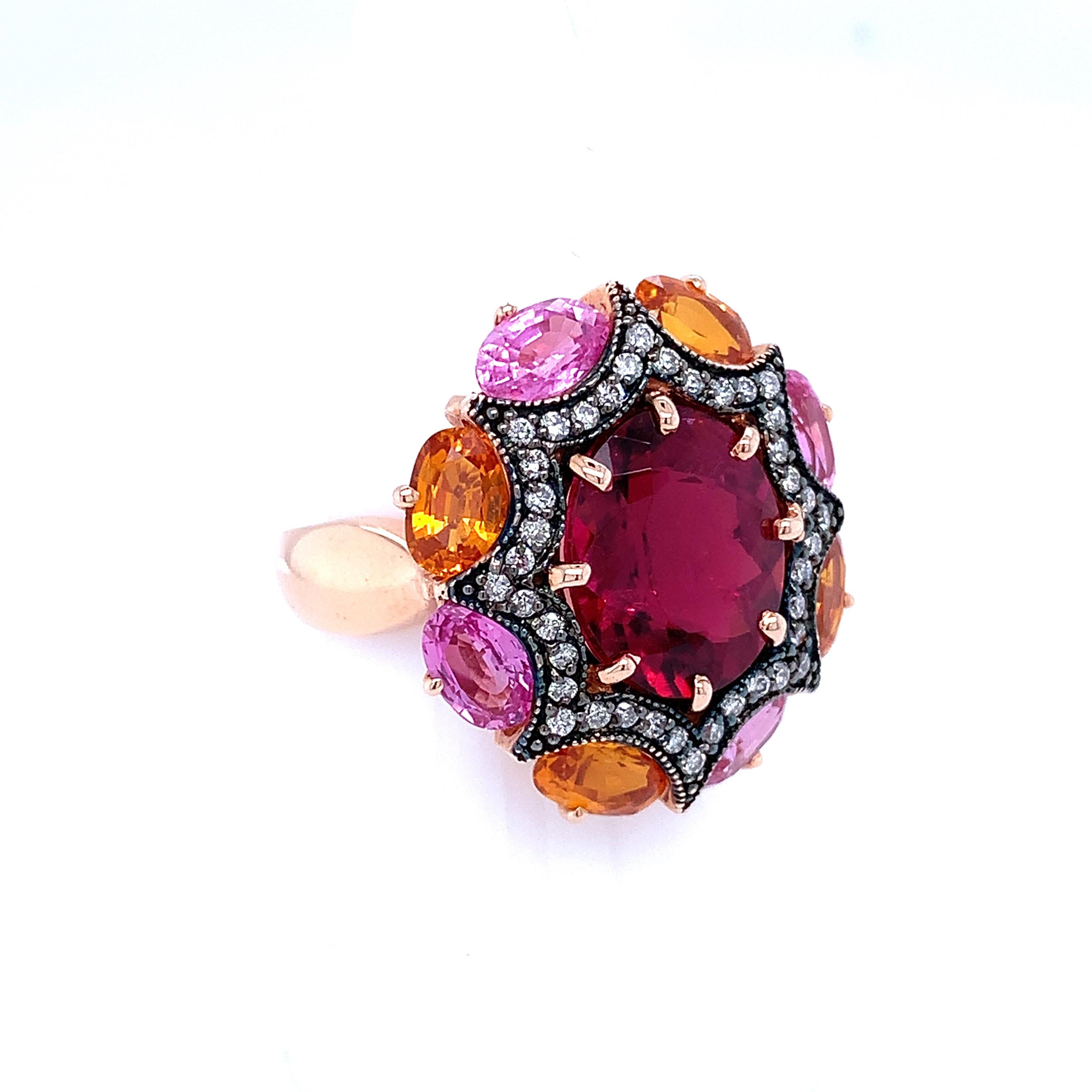 6.23 Carat Rubellite Tourmaline Diamond, Orange Pink Sapphire Gold Cocktail Ring In New Condition In Los Angeles, CA