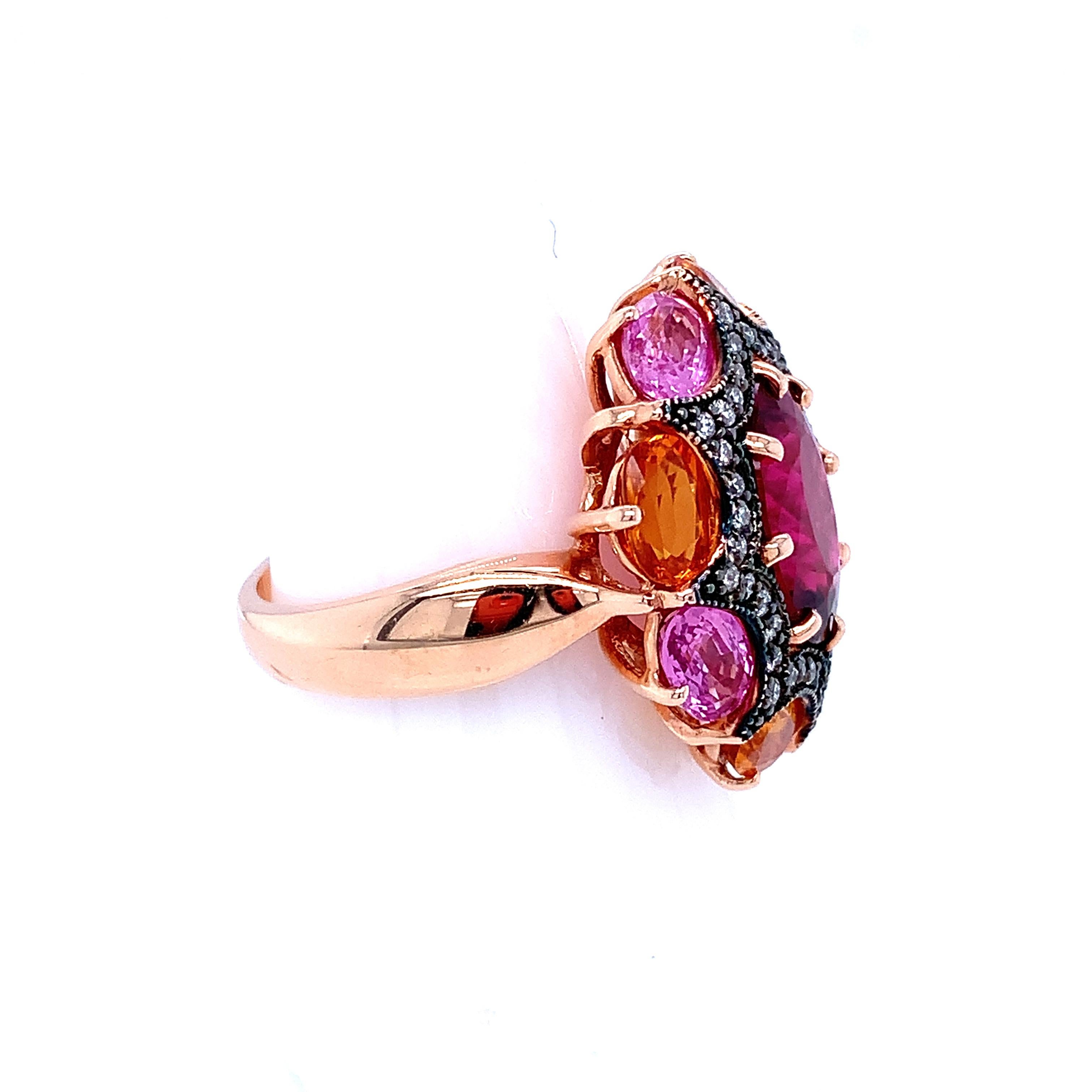 Women's 6.23 Carat Rubellite Tourmaline Diamond, Orange Pink Sapphire Gold Cocktail Ring