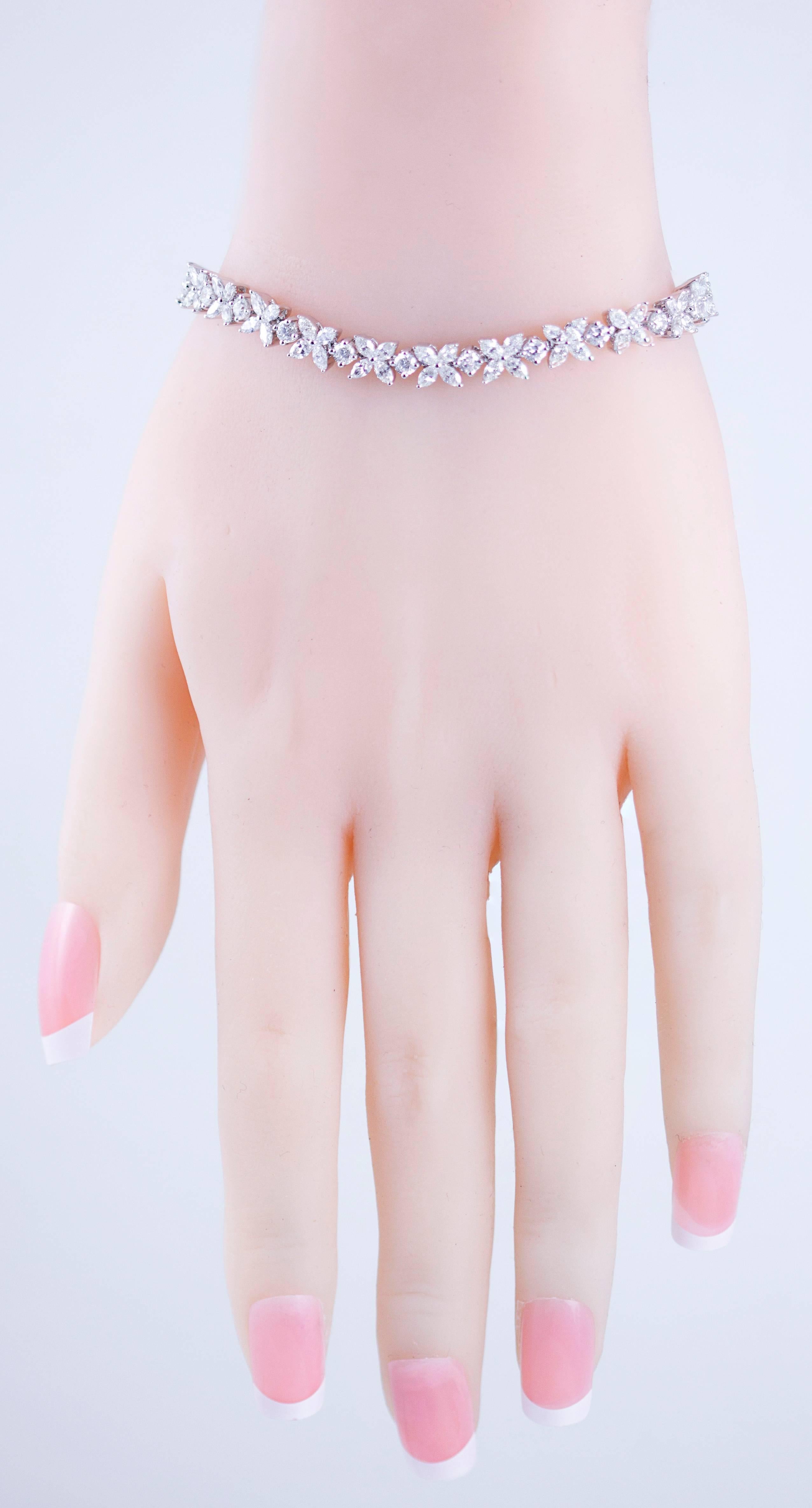 Marquise Cut 6.23 Carat Diamond Floral Motif White Gold Bracelet