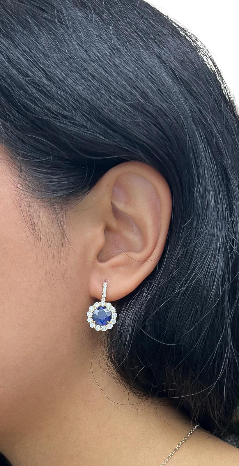 6.23 Total Carat Blue Sapphire and Diamond Halo Pave Earrings in 18K Gold In New Condition For Sale In New York, NY