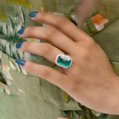 6.23Ct Zambian Emerald Diamond Halo 18k White Gold Cocktail Ring All Tariff Paid