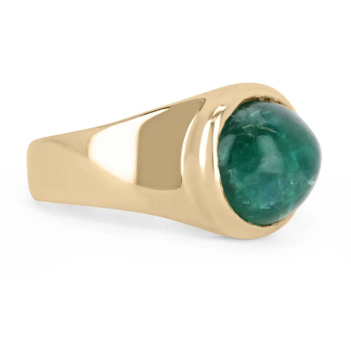 A classic, solitaire emerald cabochon ring. The cabochon is a full 6.23-carats, with rich dark green color and excellent luster. Carefully bezel set into 14K yellow gold, creating a simple and sophisticated ring for everyday wear.

Setting Style: