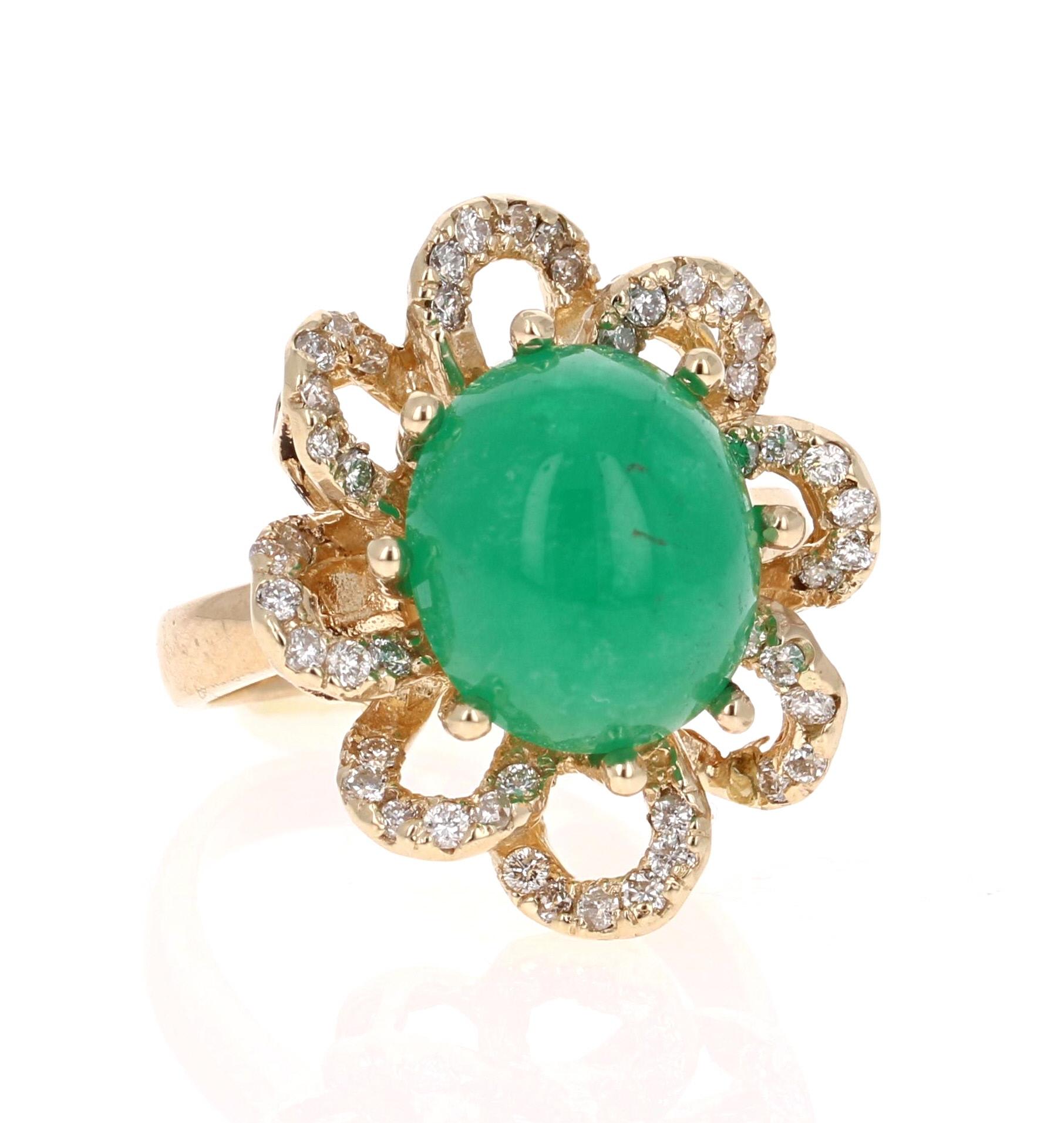6.24 Carat Cabochon Emerald Diamond Yellow Gold Cocktail Ring

The most unique ring of all! A beautiful Cabochon Emerald sits in the center of the ring and is surrounded by a cluster of 48 Round Cut Diamonds.

The carat weight of the stones are as