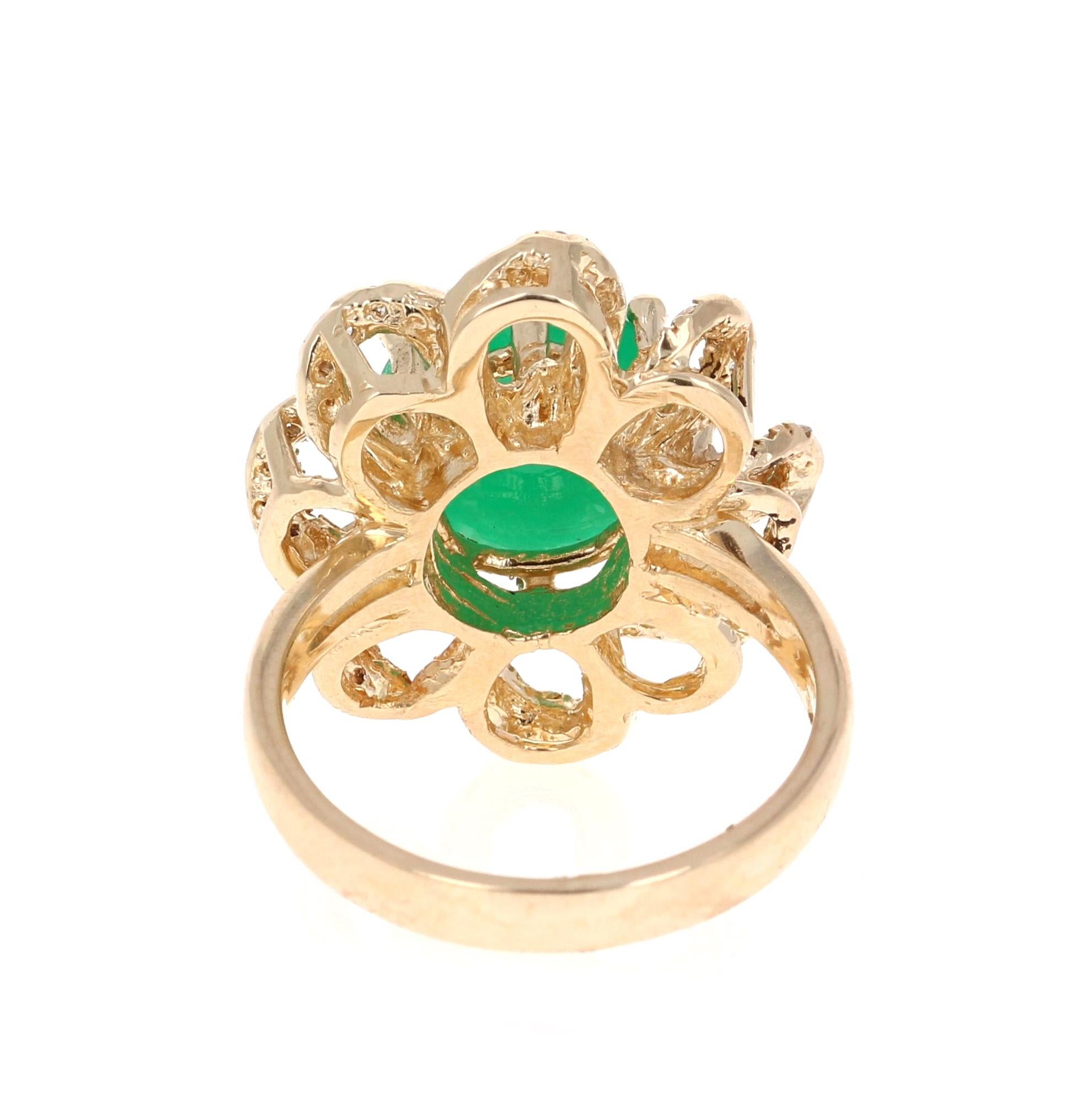 Contemporary 6.24 Carat Cabochon Emerald Diamond Yellow Gold Cocktail Ring For Sale